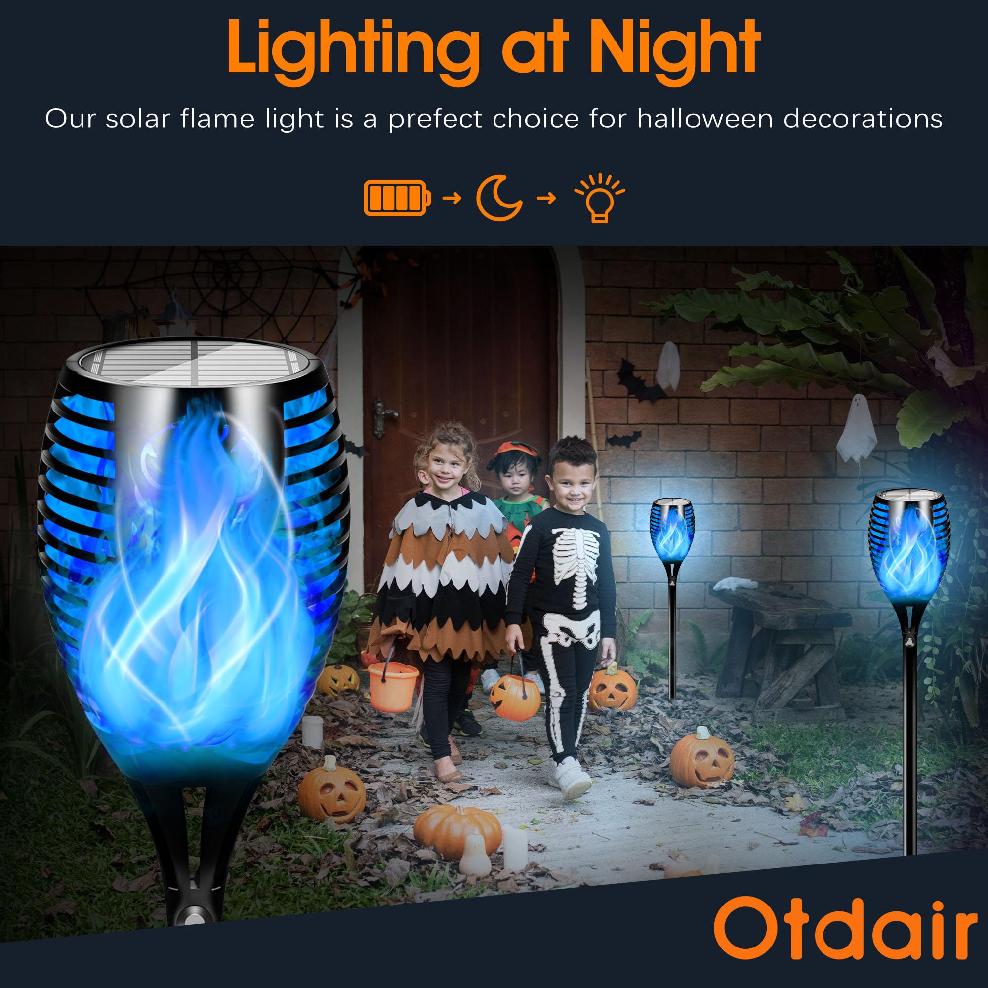 Otdair Halloween Decorations Outdoor 4 Pack, 96 LEDs Solar Halloween Lights Outdoor with Blue Flame, Waterproof Solar Lights for
