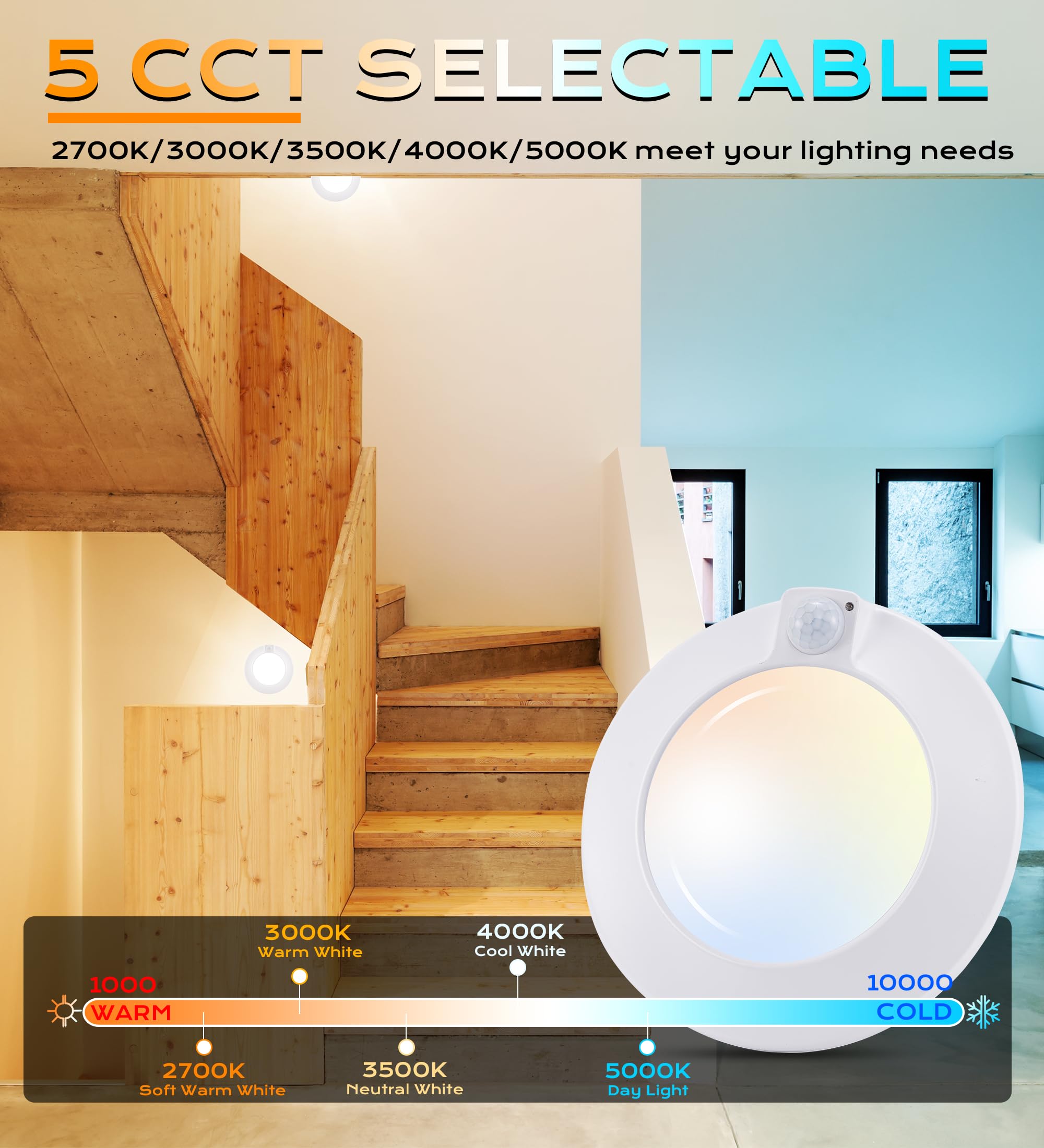 Cloudy Bay 5 Color Motion Sensor Ceiling Light, 120V Cri90 10W,6.5 Inch 2700K/3000K/3500K/4000K/5000K Selectable Led Flush Mount