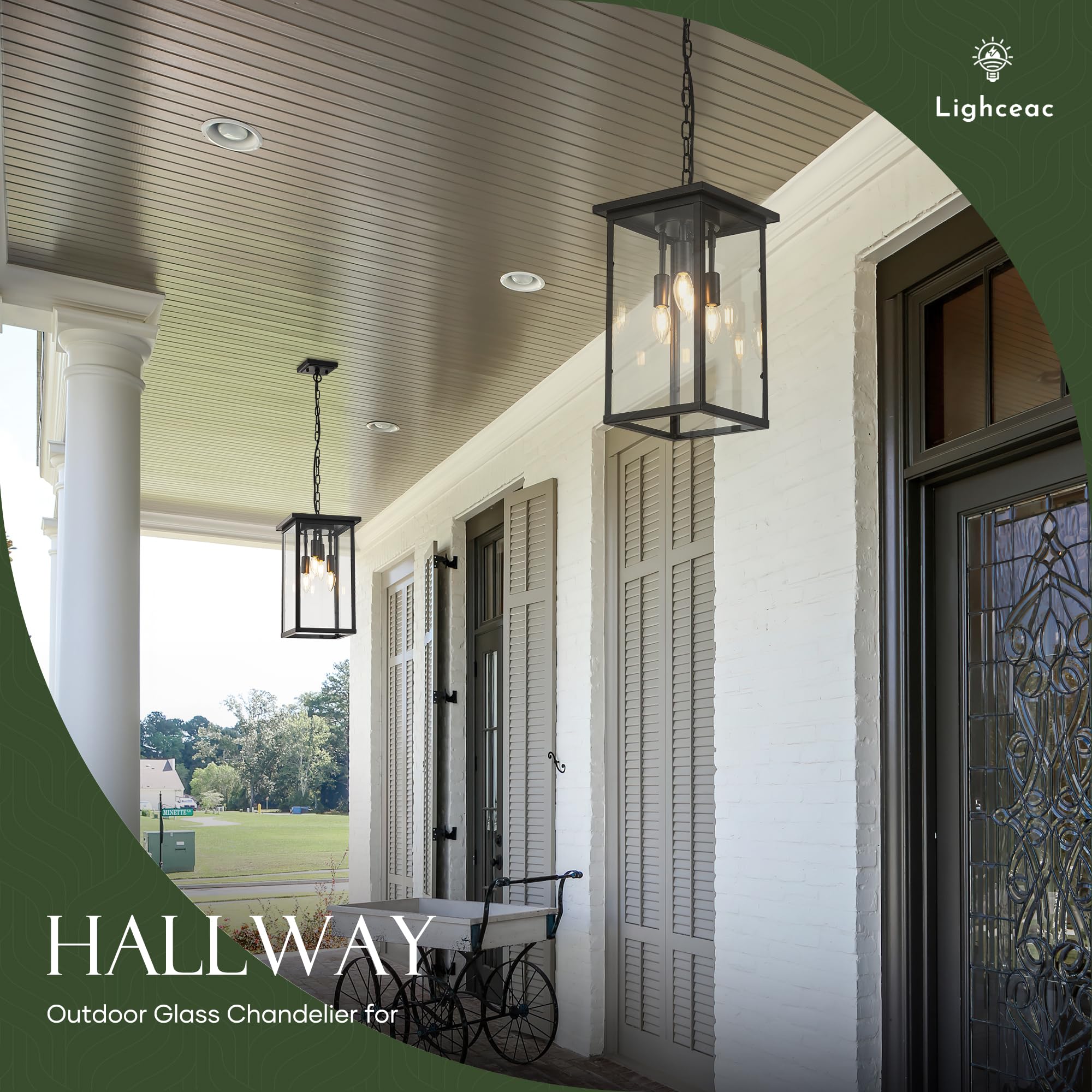 Lighceac 10'' Modern 4-Light Exterior Black Square Lantern Pendant Light Fixture With Clear Glass Industrial Hanging Cage Chande