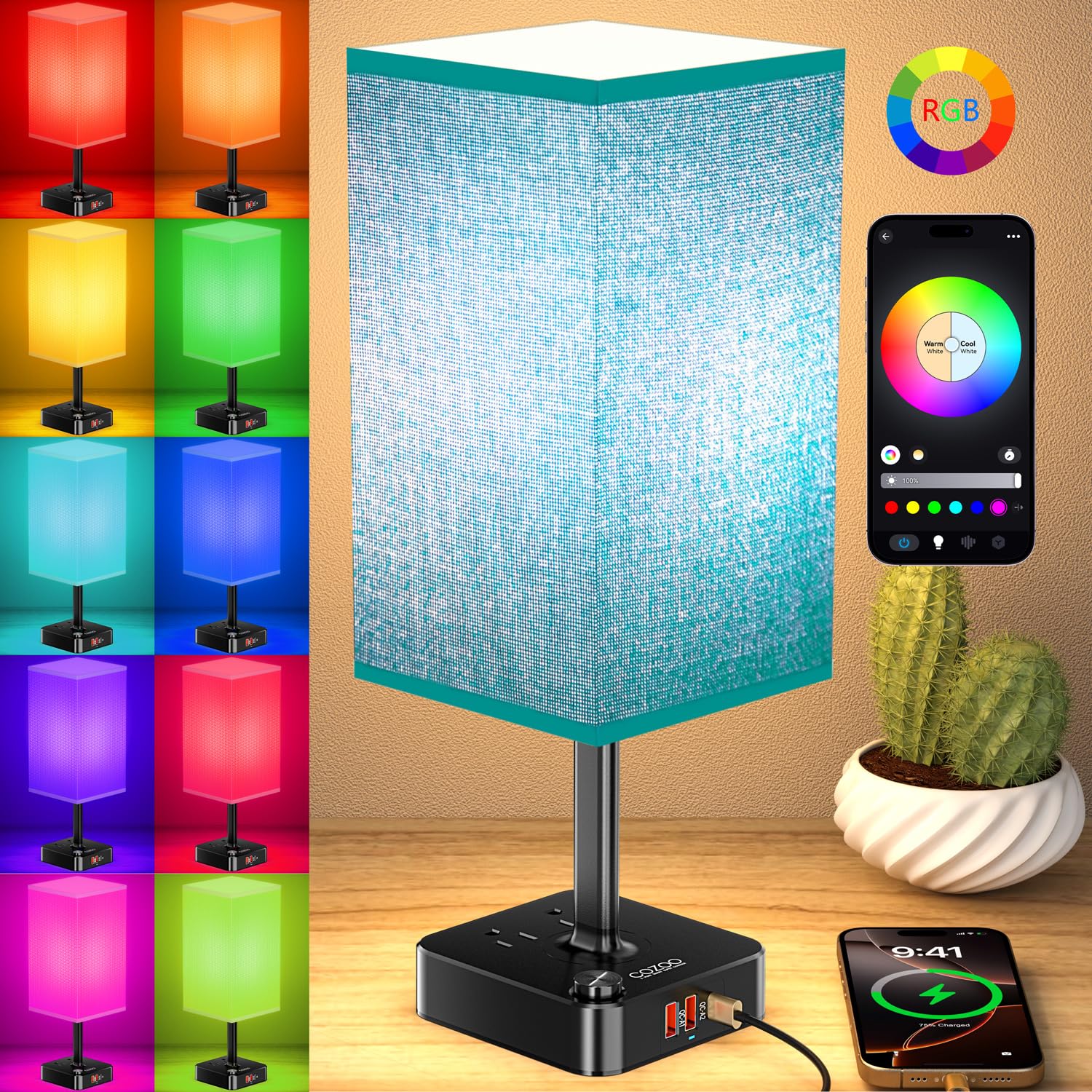Bluetooth/WiFi RGB & USB Bedside Table Lamp with 3 USB Charging Ports 2 Outlets Power Band  LED Light Bulb Dimmable  Music Sync Color Changing Light (RGB - Green Shade)