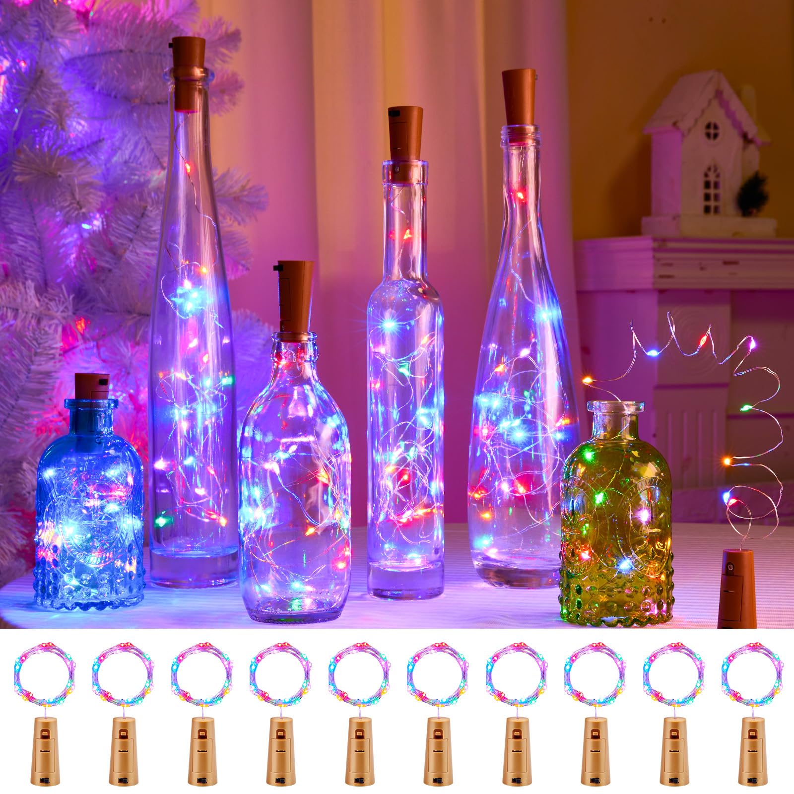 Brightown Pastel Wine Bottle Lights - 10 Pack, 7ft, 20 LED, Battery Operated, Ideal for DIY Crafts and Party Decor