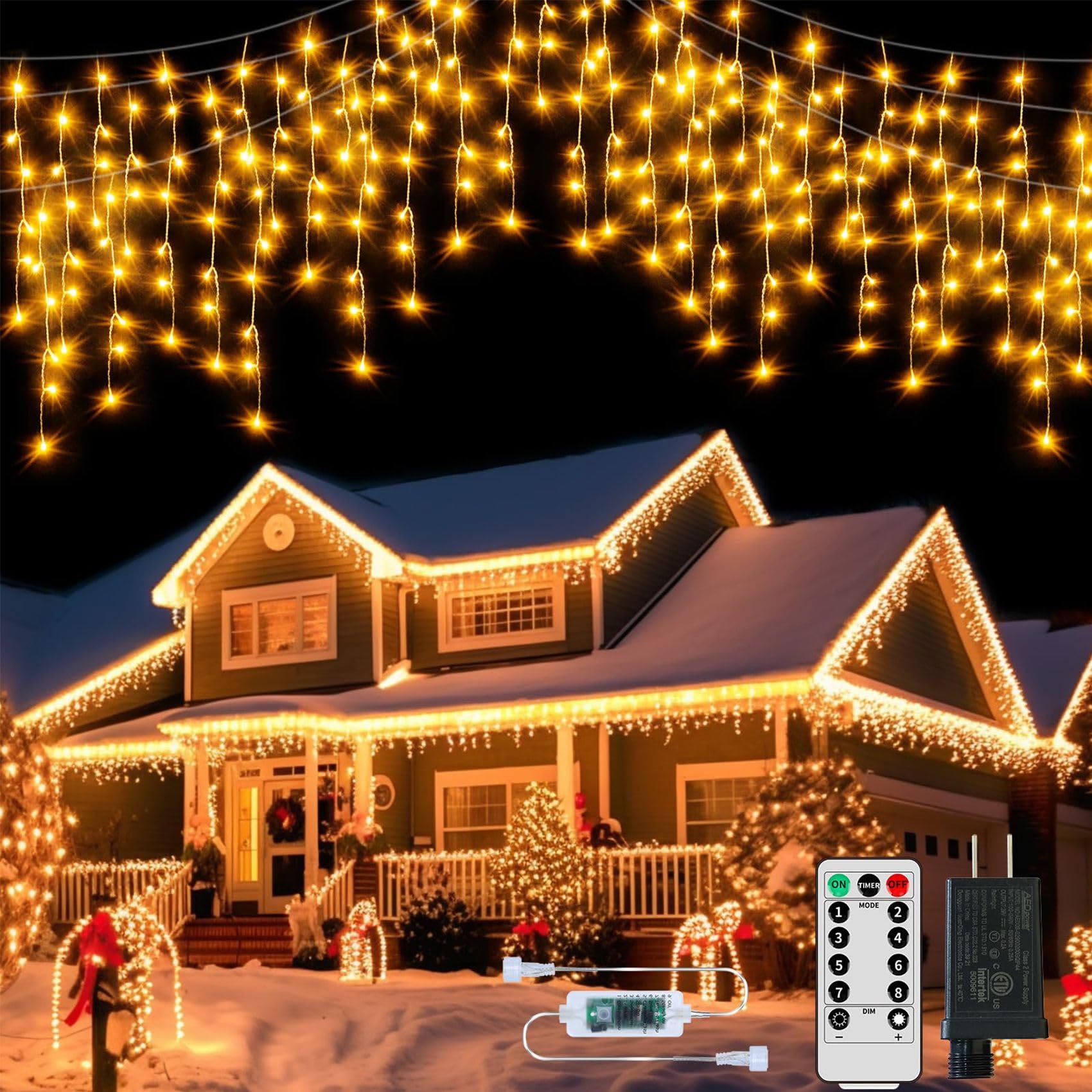 600LED Plug-in Christmas Icicle Lights, 75Ft Hang String Lights With Remote, 8 Modes Warm White Twinkle Fairy Lights Waterproof 