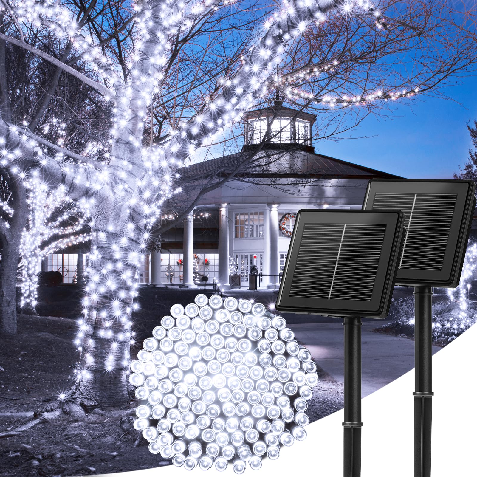 Solar String Lights Outdoor, 2 Pack Total 144FT 400 LED Solar Powered String Lights with 8 Lighting Modes, Waterproof Solar Patio Lights, Solar String Lights for Outside Tree Balcony, Pure White