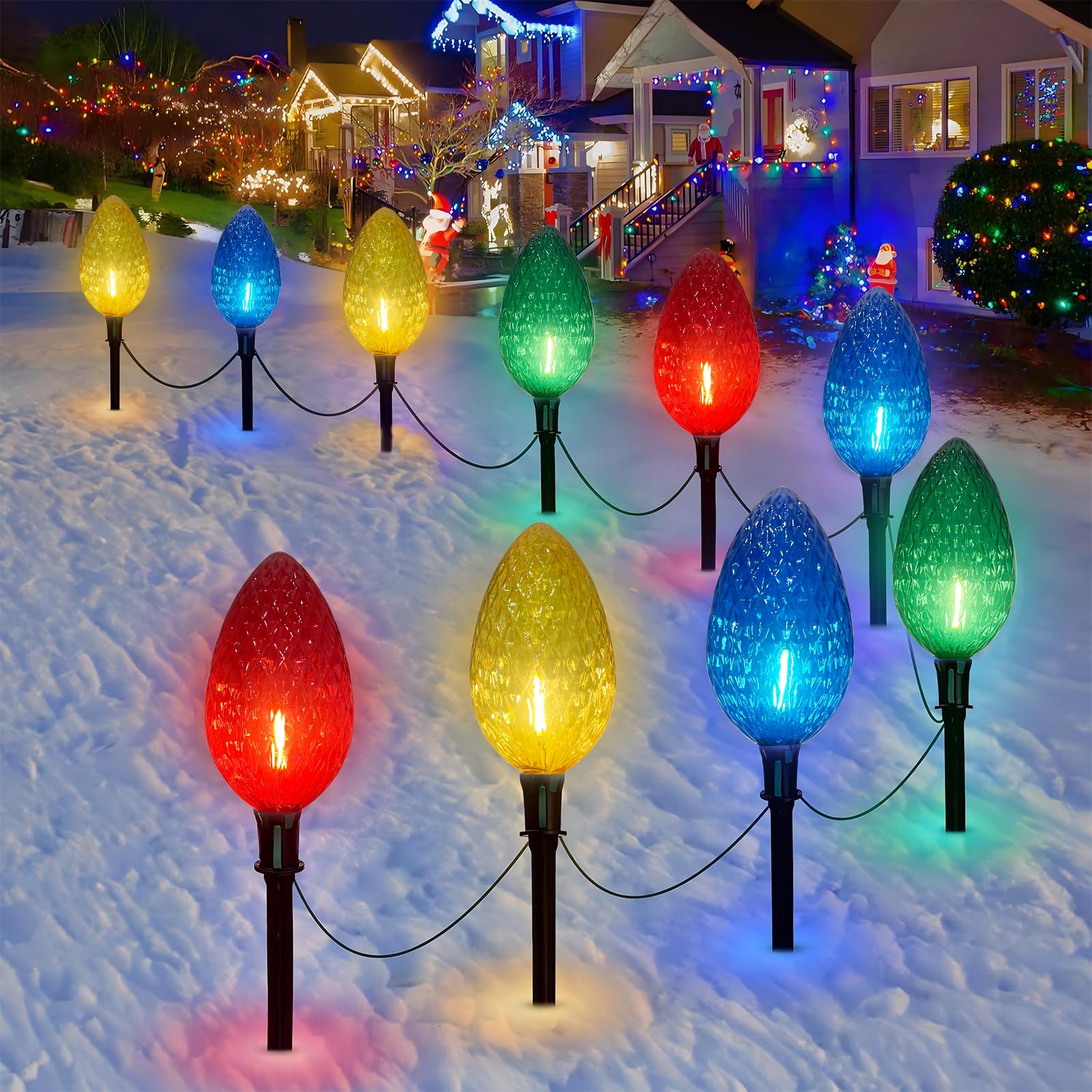 2 Pack Jumbo C9 Christmas Pathway String Lights Outdoor, Total 14 Feet Christmas Walkway Lights Waterproof with 8 LED C9 Jumbo M