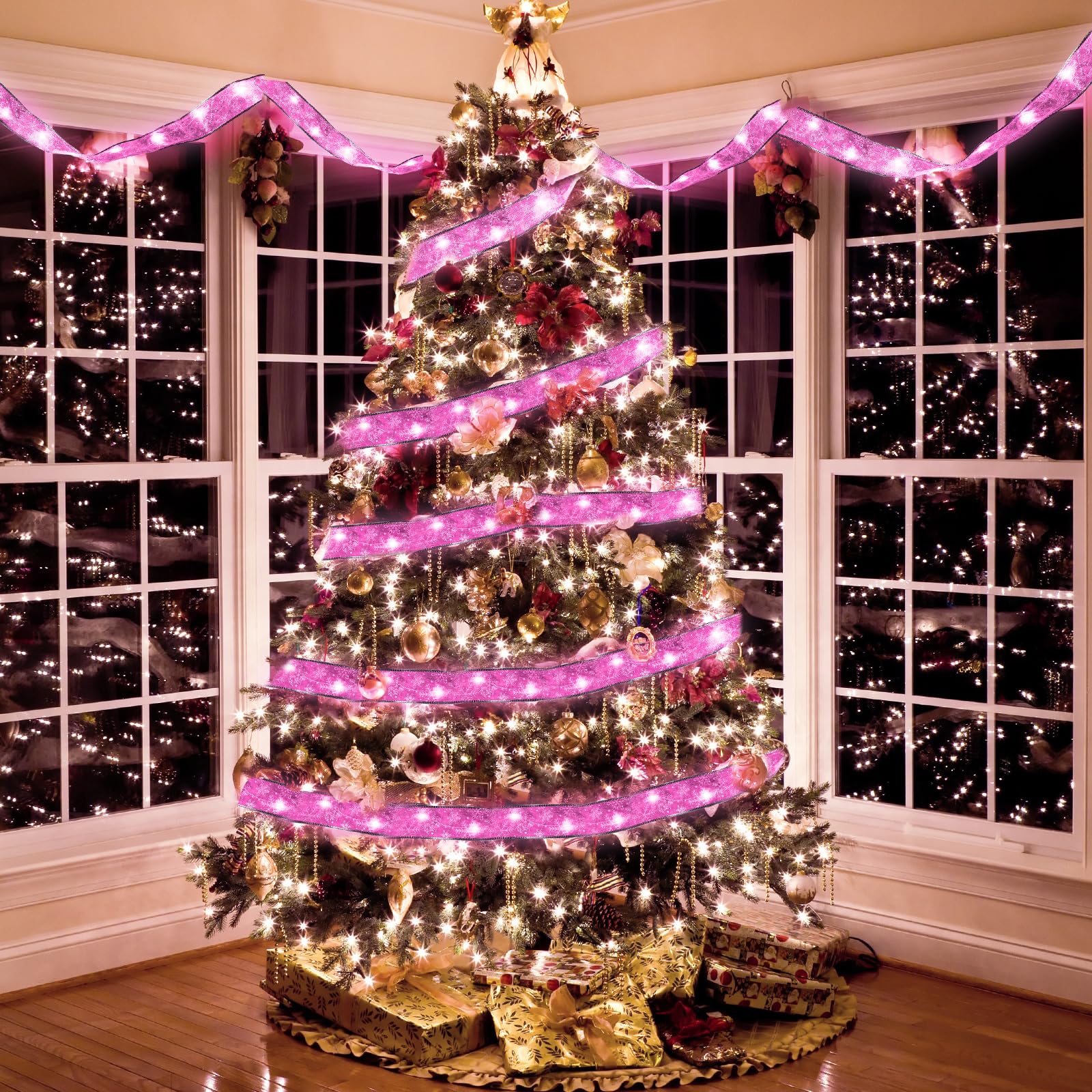 Christmas Ribbon Lights Christmas Lights 16.4 Ft Glow Christmas Tree Ribbon Battery Operated Indoor String Lights For Outdoor Xmas Holiday Party Wedding Garland Lighted Decoration (Pink Snowflake)