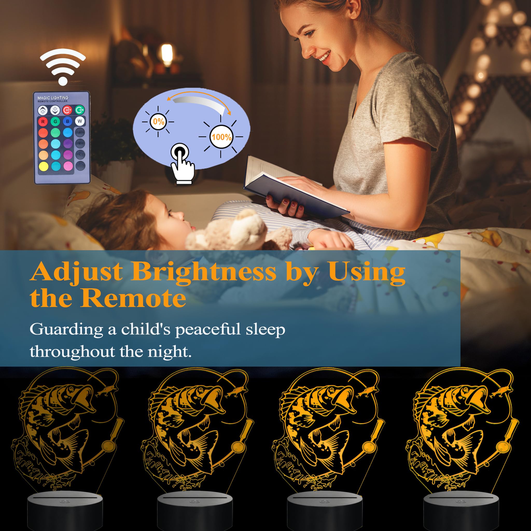 Posshe Fish Night Light, Fish 3D Illusion Lamp, Go Fishing Man Gifts With 16 Colors Changing, Remote Control, Dimmable, Kids Roo