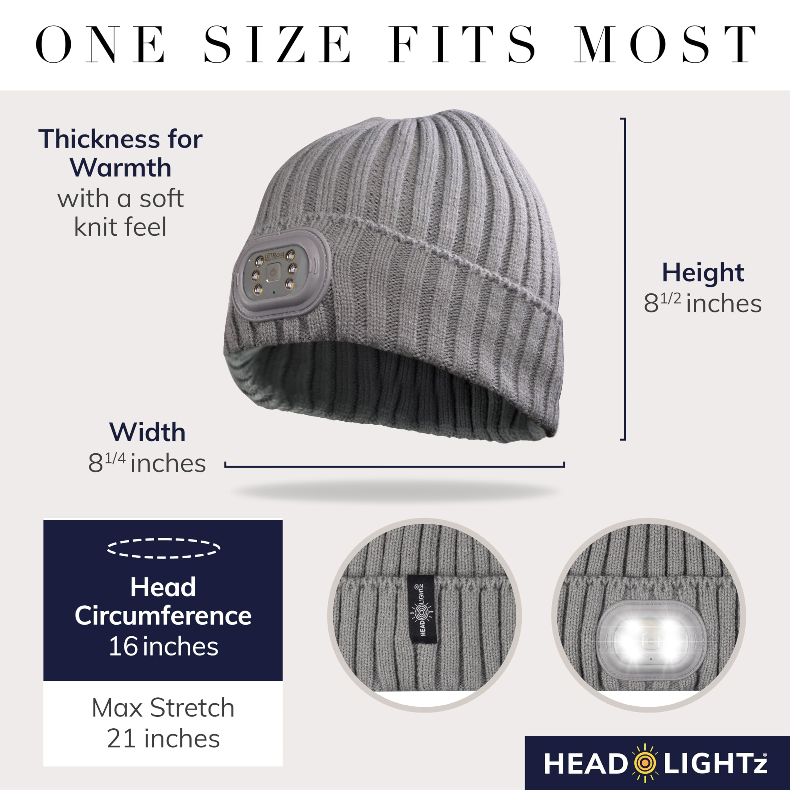 HEAD LIGHTZ LED Beanie Hat - Rechargeable Unisex Grey-Mono, 100% Acrylic, Model ROQ-BEN-PGR 2023
