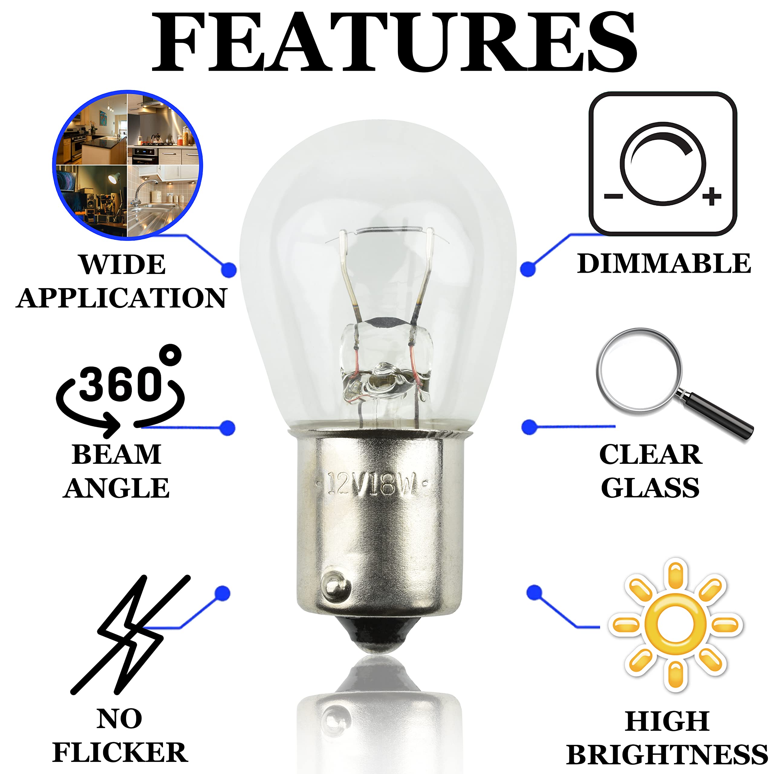 Diximus 10 Pack 1141 S8 Low Voltage Landscape Light Bulbs 12V 18W Ba15S Clear Glass