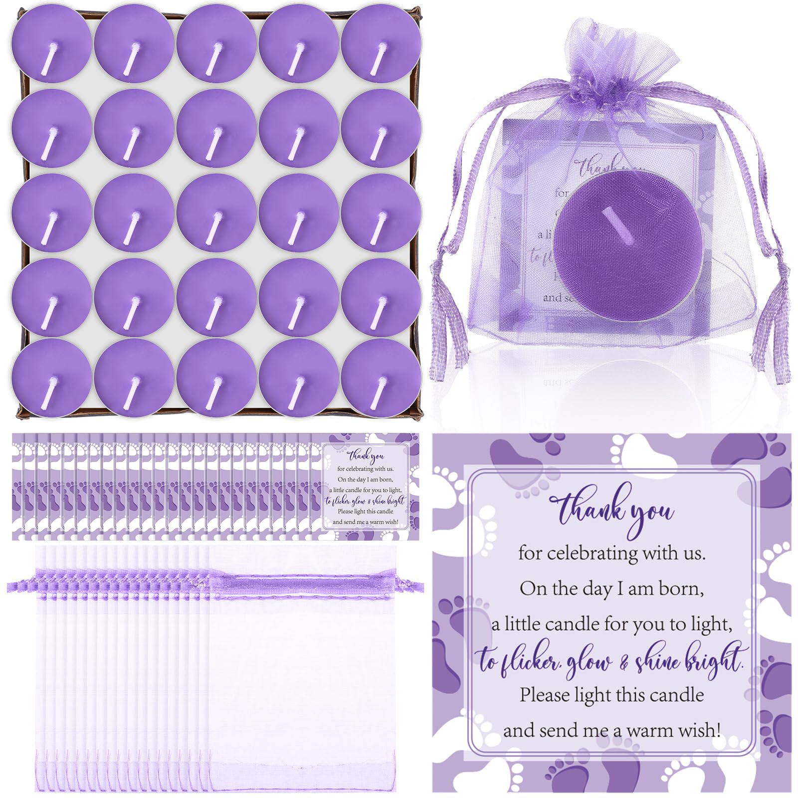 50 Sets Baby Shower Party Favors Including 50 Pcs Unscented Tealight Baby Shower Candles 50 Pcs Gift Bags 50 Pcs Baby Shower Cards for Baby Shower Gender Reveal Party Supplies (Purple)