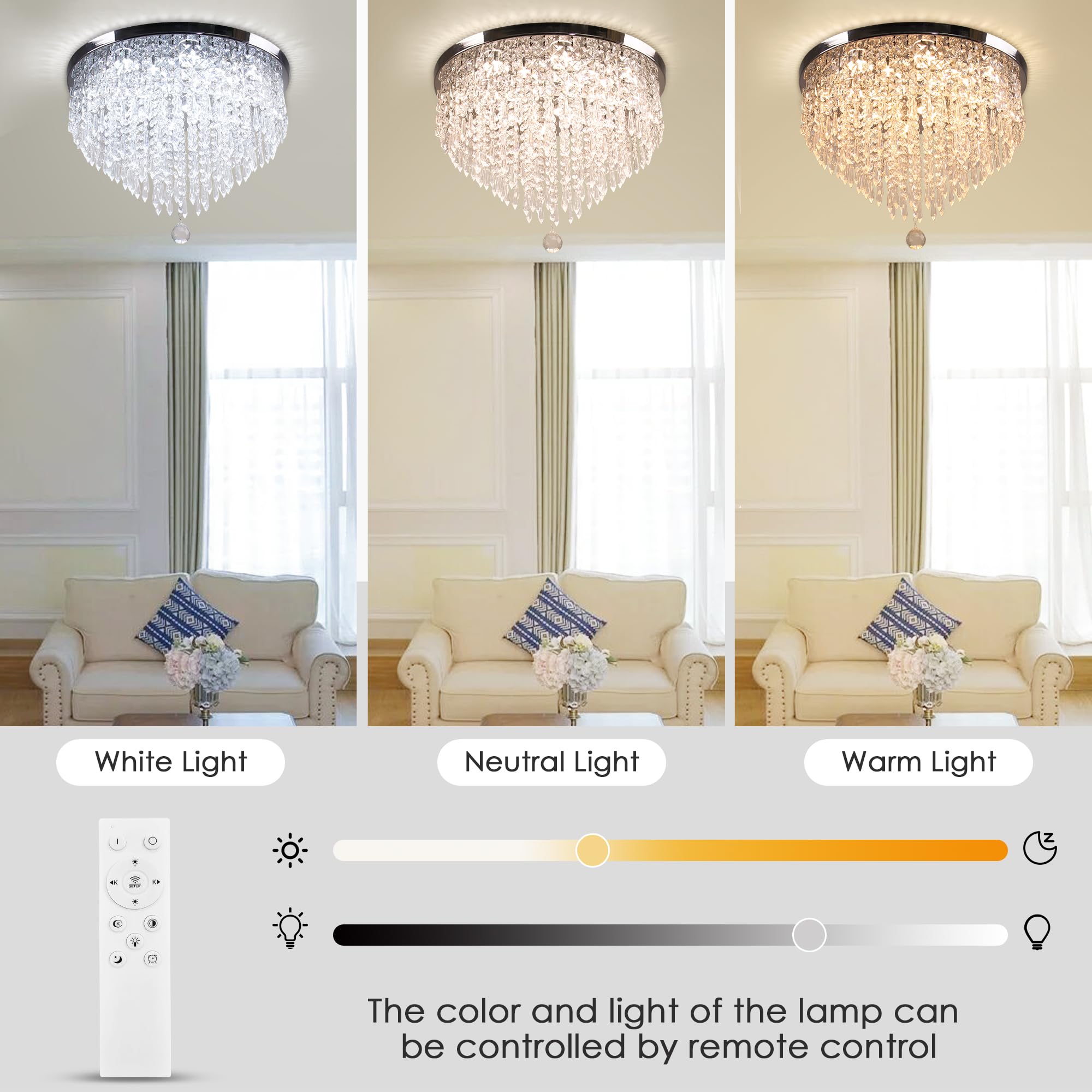 Ypqxyhda 19.7'' Crystal Chandeliers Led Crystal Ceiling Light With Remote Control Modern Flush Mount Chandelier For Bedroom Livi