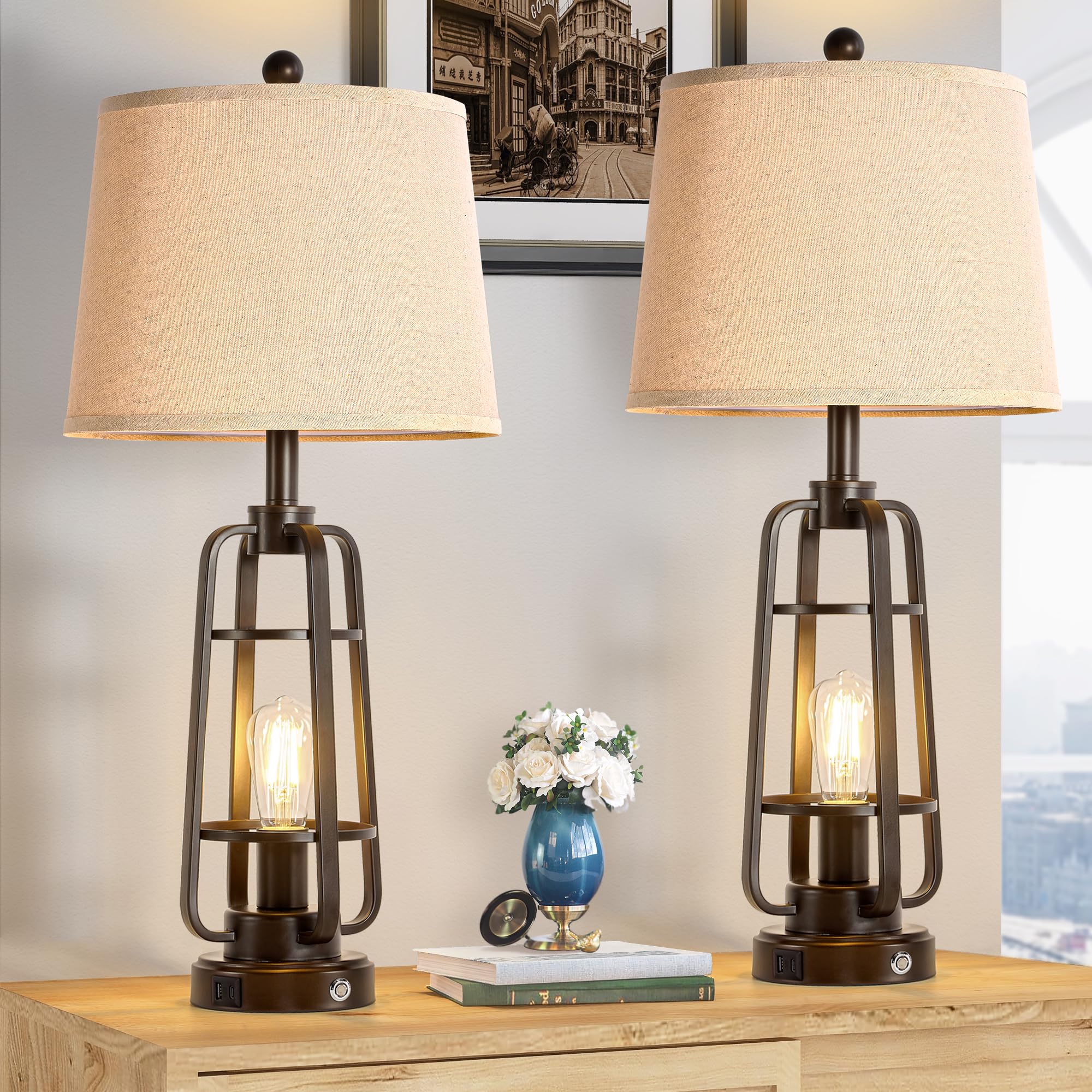 Bzzmmb 28.7'' Table Lamps For Living Room Set Of 2, Touch Lamps For Bedrooms With Usb C+A Charging Ports, Farmhouse Lamps For Ni