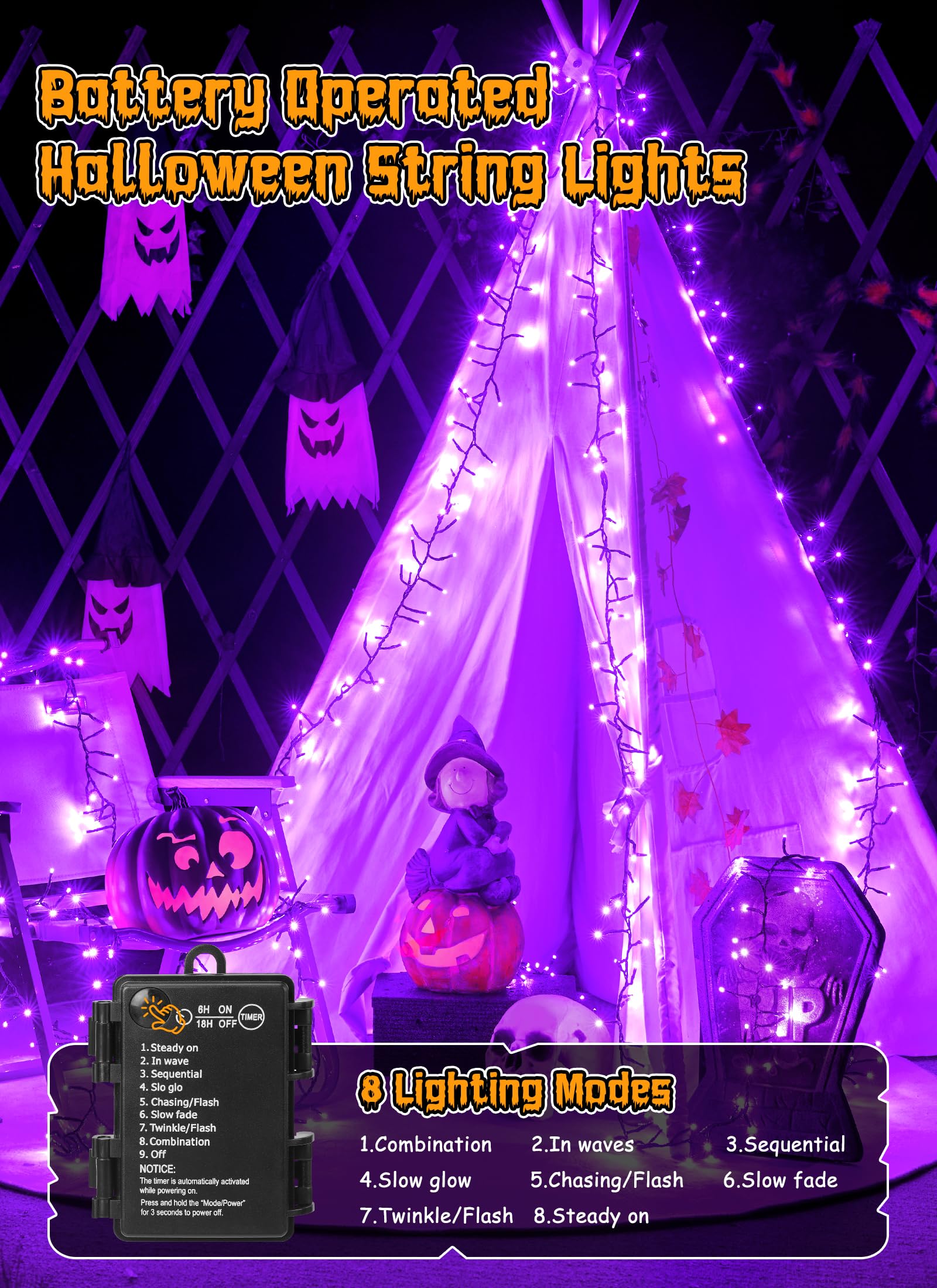 Brightown 10Ft 120 Led Halloween String Lights Battery Operated Outdoor, Purple Halloween Cluster Lights, 8 Modes Timer Waterproof Twinkle Fairy String Lights For Indoor Halloween Decorations