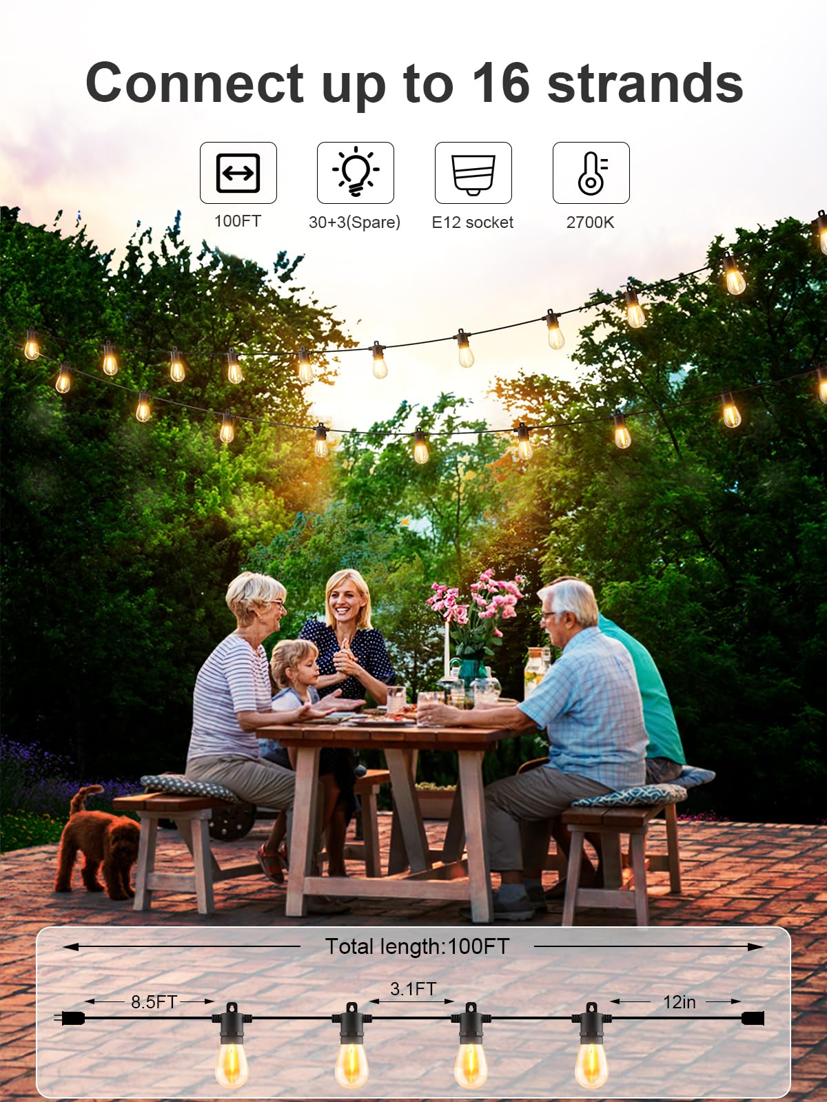 Svater 100FT Outdoor String Lights, Warm White Waterproof LED with Shatterproof S14 Bulbs for Patio, Cafe, and Backyard Parties