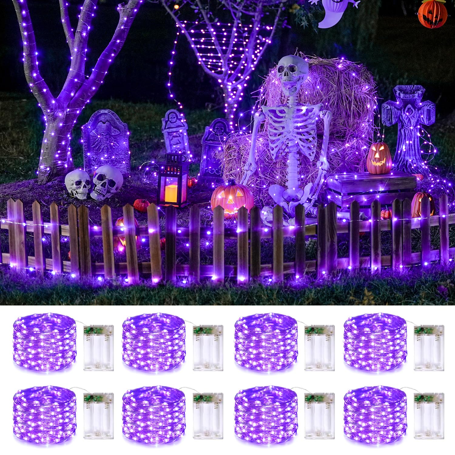 JMEXSUSS 8 Pack 50 LED Fairy Lights Battery Operated - Purple Christmas Lights for Gift Party Garden Patio Home Halloween Christmas Decorations
