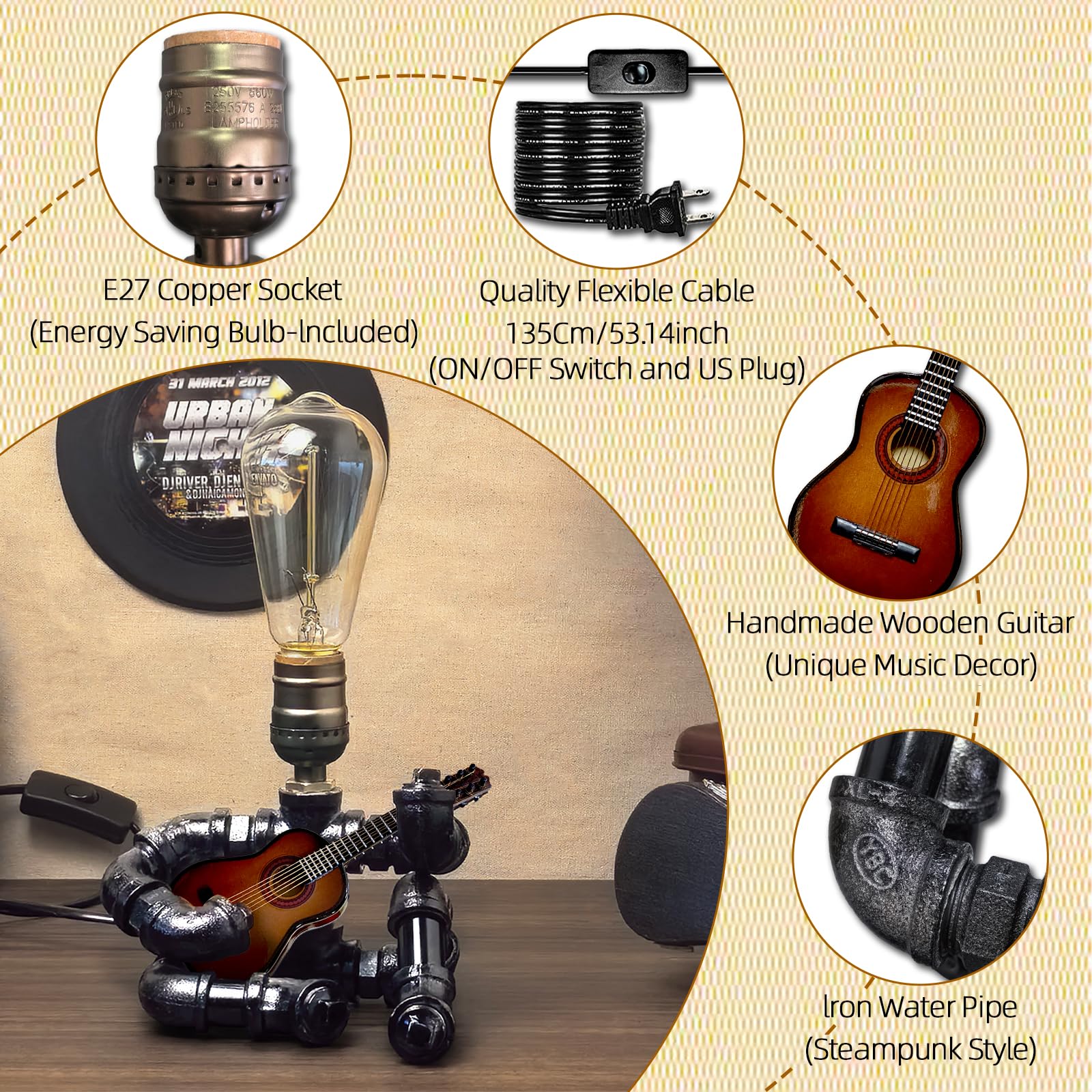CHXTX Music Table Lamp - Retro Steampunk Edison Bulb, 13.8x6in, Brown, Metal Guitar Lamp 01 for Music Lovers