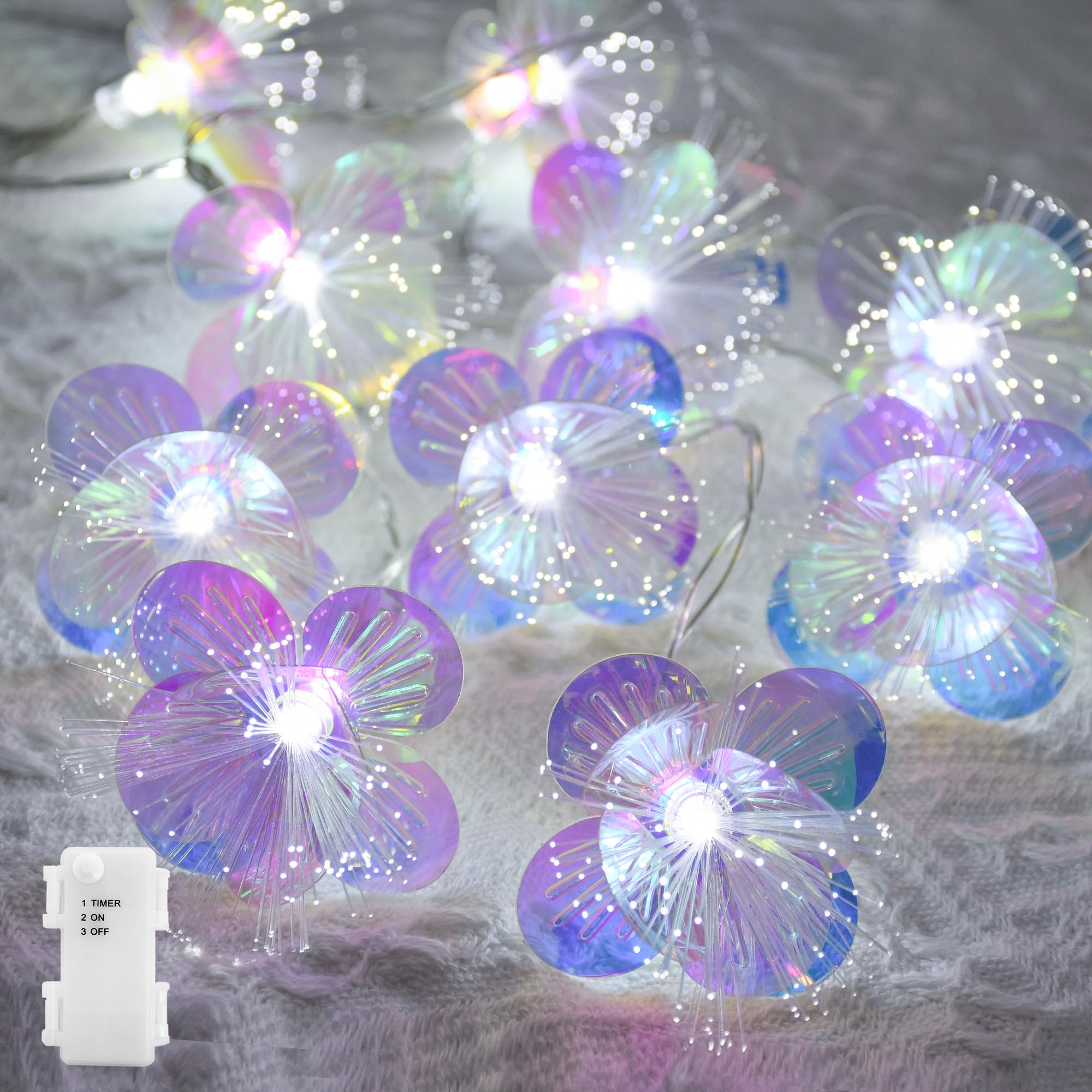 YOLIGHT Fiber Optic Flower String Lights, 10 LED, 6.5ft, Battery Operated, White, Model YL-BA-GX