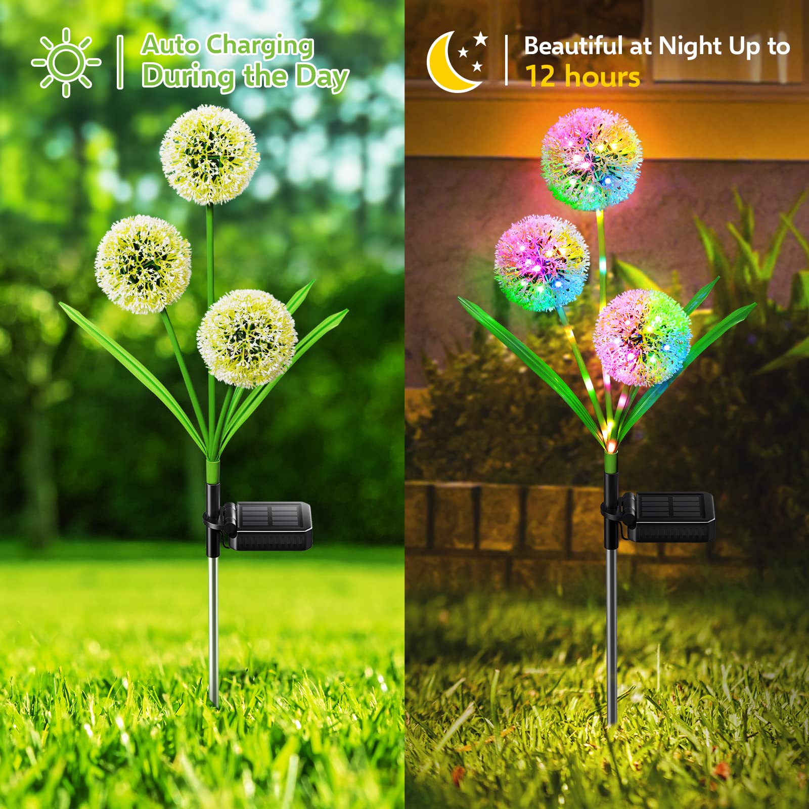Bonlion 4 Pack Solar Garden Lights - 12 Glowing Dandelion Led, Waterproof Ip65, Colorful Decor