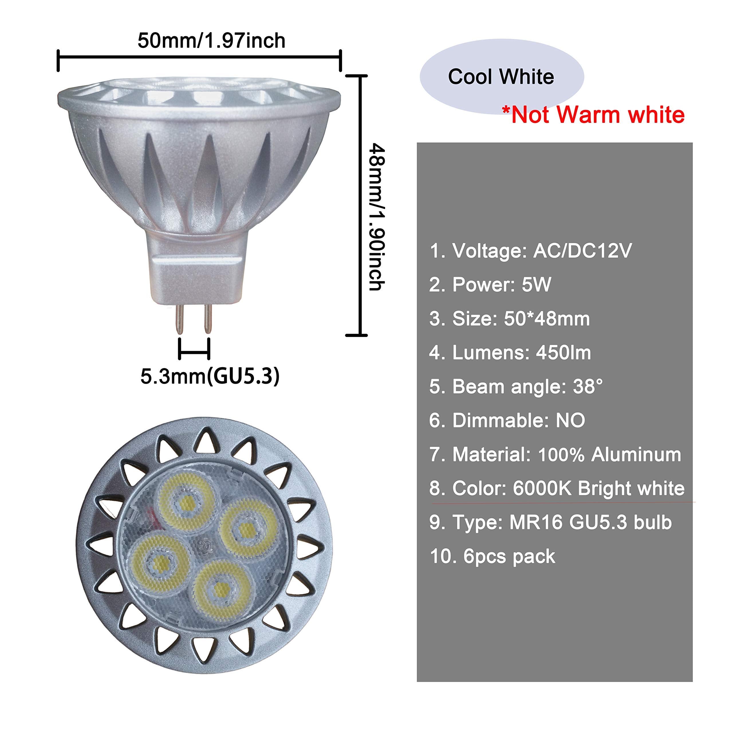 ALIDE MR16 LED Bulbs 6000K Daylight White 5W, 450lm, 6 Pack, GU5.3 Low Voltage, Not Dimmable, Outdoor Landscape Lighting