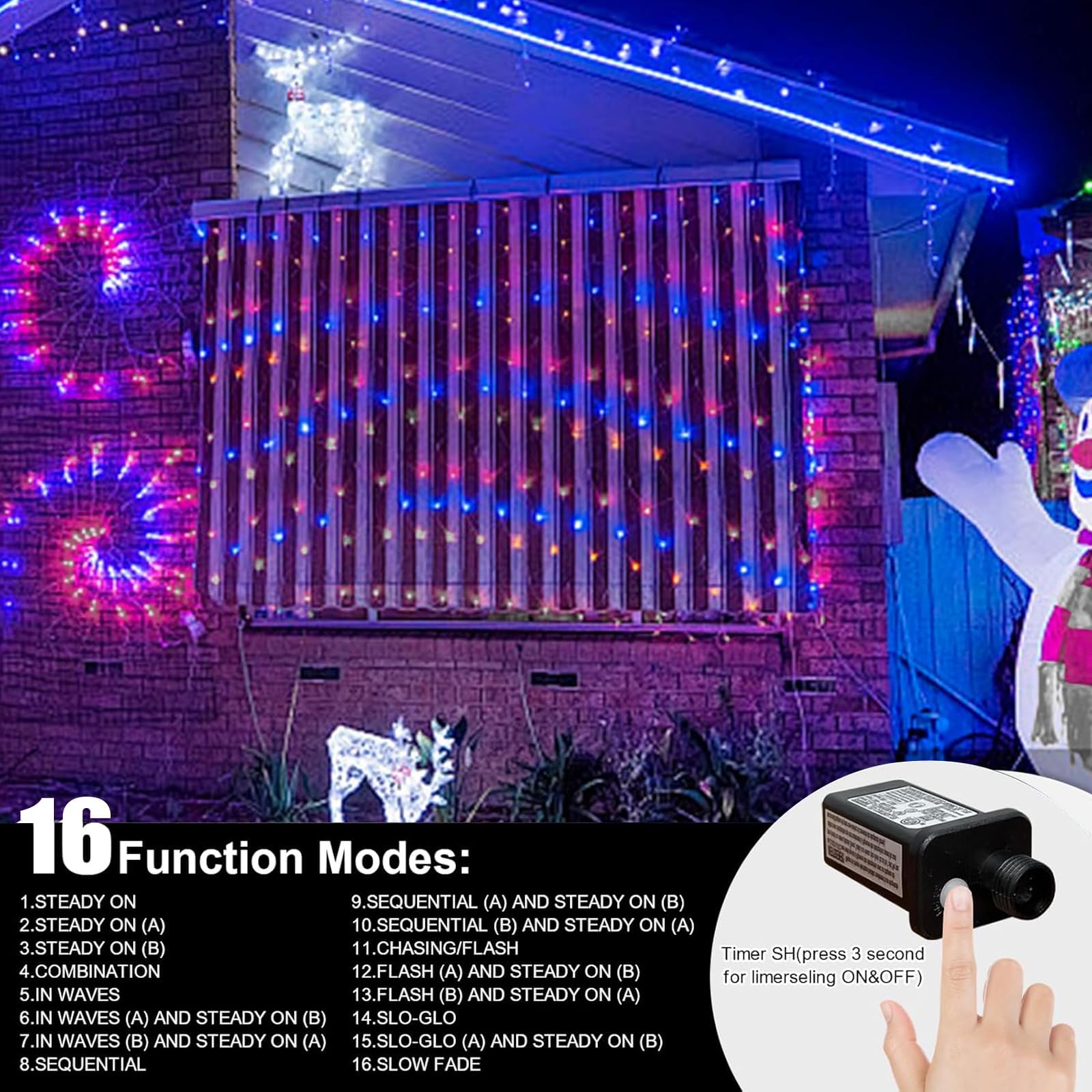 Lamphome 66Ft Patriotic String Lights - Red White Blue Mini Lights  200 Led Transparent Wire Fairy Starry String Lights Plug In  11 Lighting Modes For Outdoor Tree Party Decoration (Red White Blue)