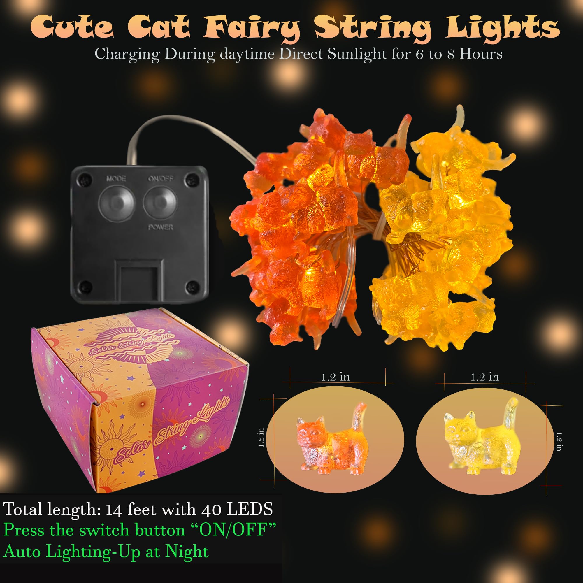 enlaceray Solar Cat String Lights - 40LED Waterproof Fairy Lights for Garden & Patio - Brown - Model DO-solar-2023-LR