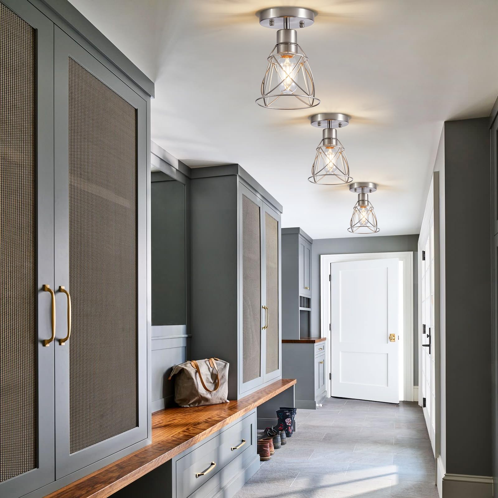 Hdasic 1 Light Semi Flush Mount Ceiling Light Fixture, Rustic Modern Framhouse Brushed Nickel Kitchen Ceiling Light With Metal C