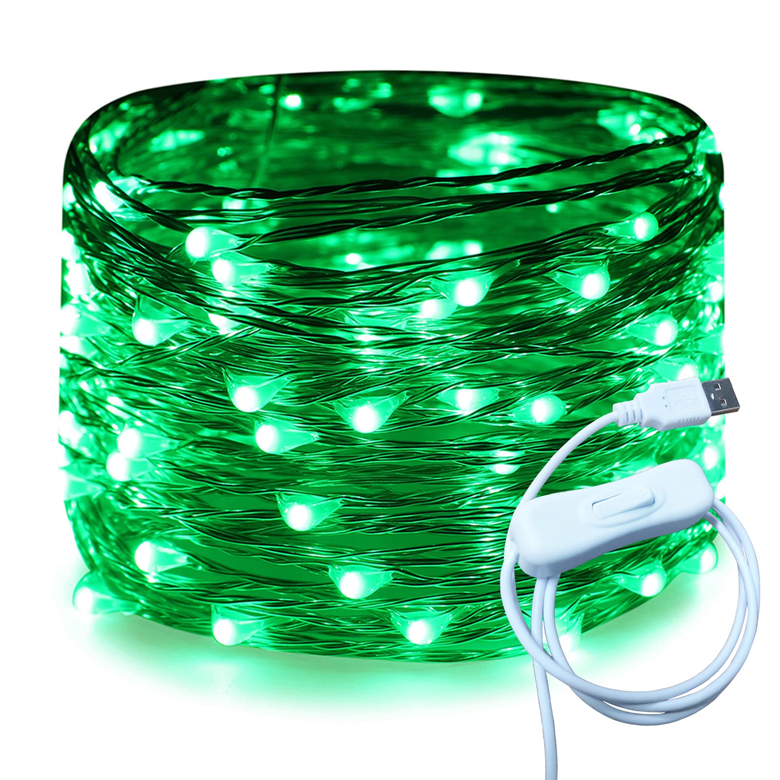 RUICHEN USB Fairy String Lights, 100 LED, 33 Ft, Green, Copper Wire & ABS, Model UY-10M100L, On/Off Switch