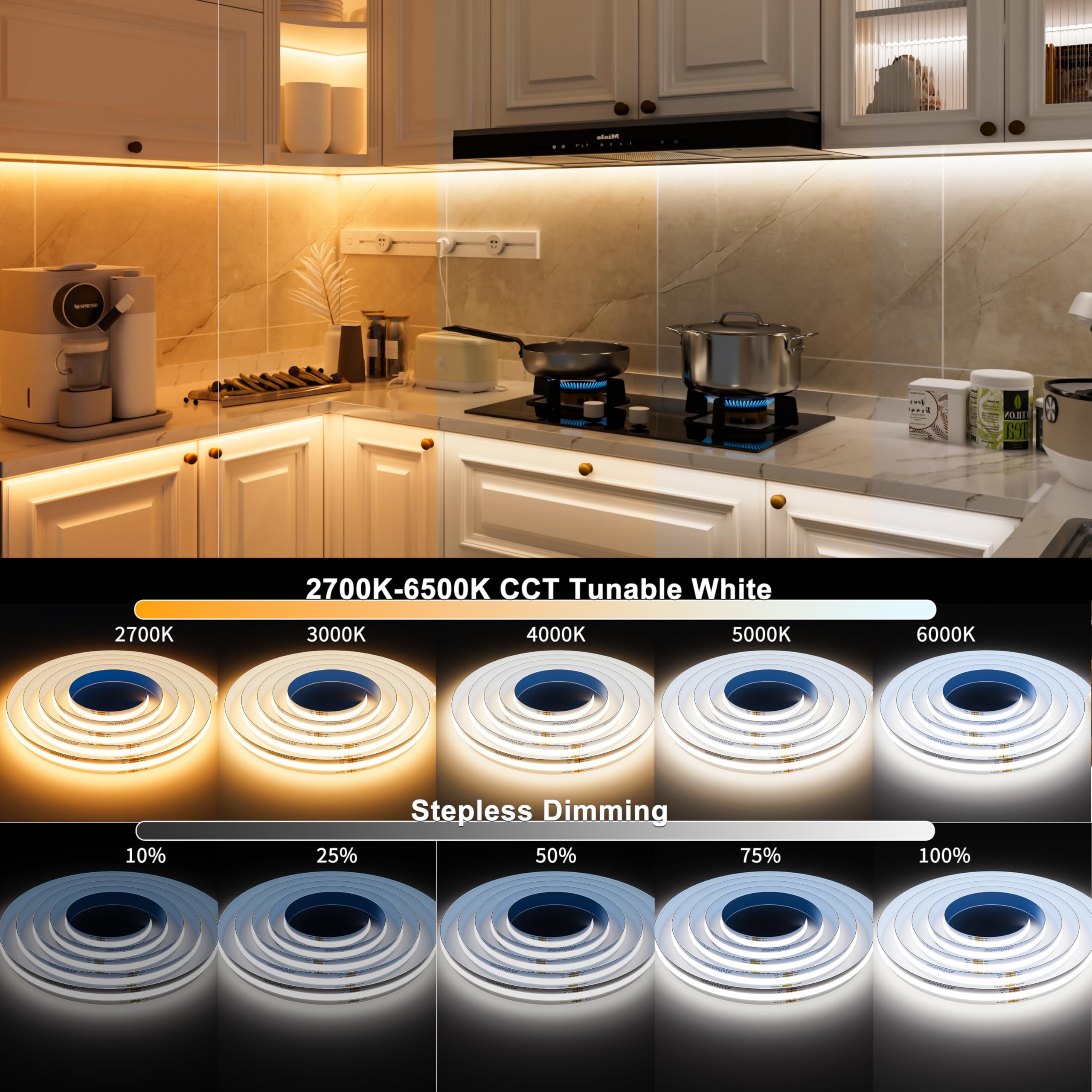 Miwise Cct Cob Led Strip Light Tunable White 32.8Ft/10M Dimmable 2700K-6500K Cri90+ 24V Led Tape Light For Under Cabinet Bedroom Kitchen Diy Lighting(Power Supply & Controller Not Included)