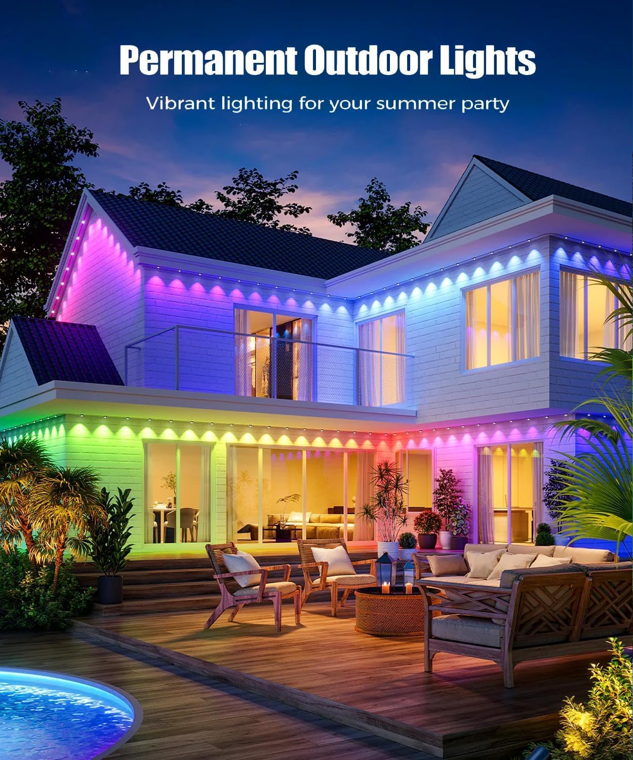 WRRLIGHT 100ft RGB LED Outdoor Lights, IP67 Waterproof, Smart Remote Control, Model KQ-NL-LED