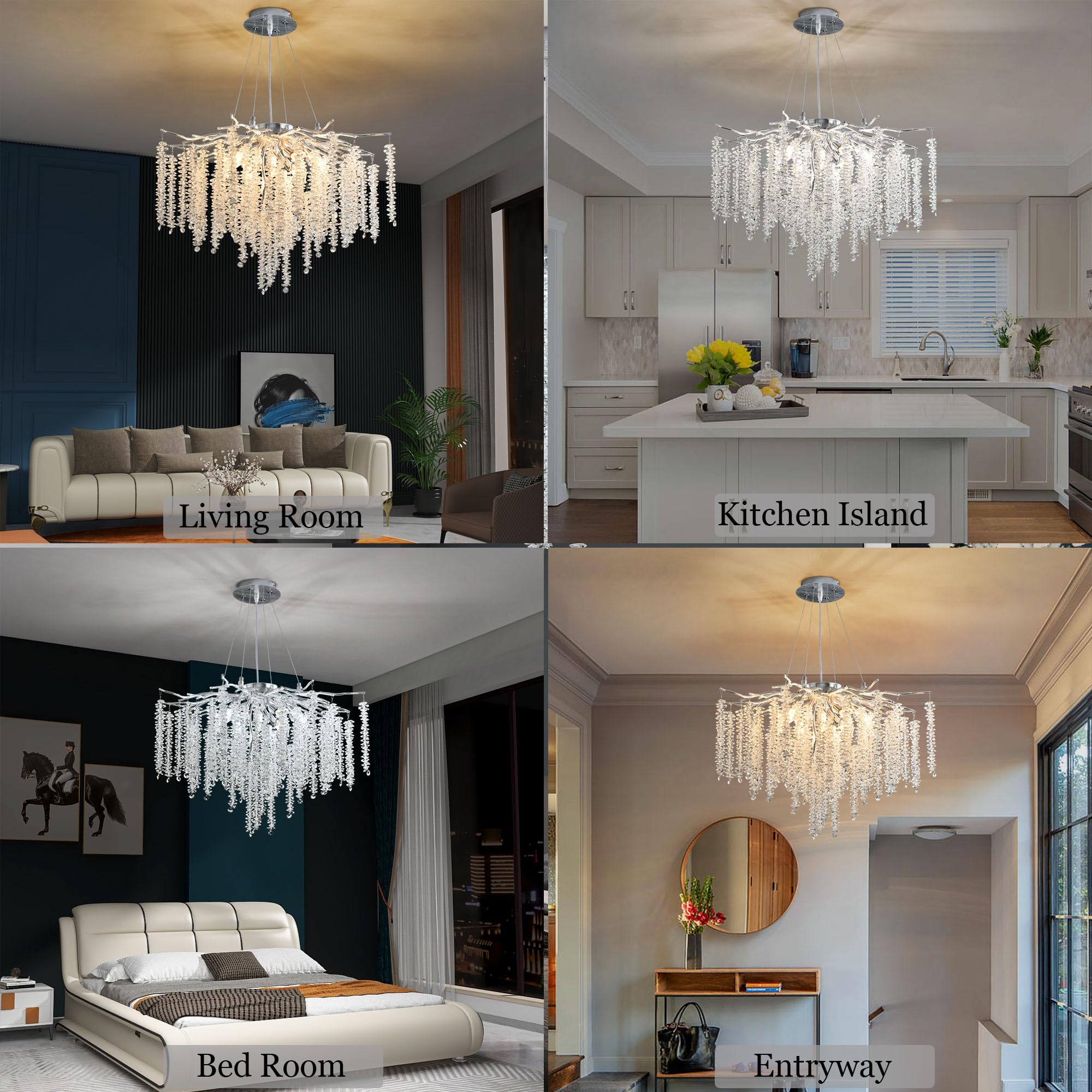 Upfelw Modern Crystal Tree Branch Chandelier, D23.7'' Silver Round Raindrop Indoor Hanging Pendant Light Fixture For Dining Room