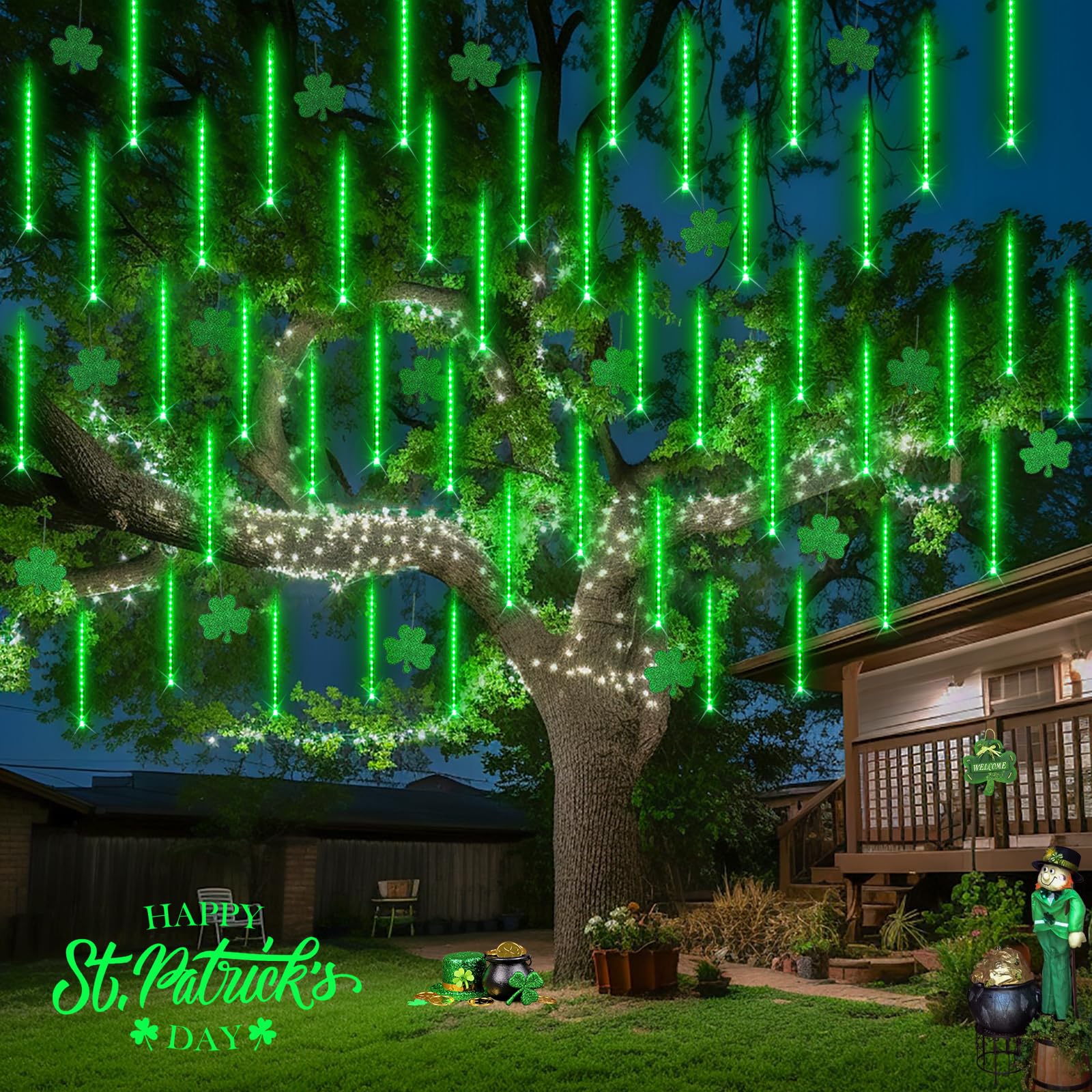 Jmexsuss Green Solar Meteor Shower Rain Lights, 8 Tube 144 Leds Halloween Lights For Xmas Halloween Tree Party Holiday Patio Dec