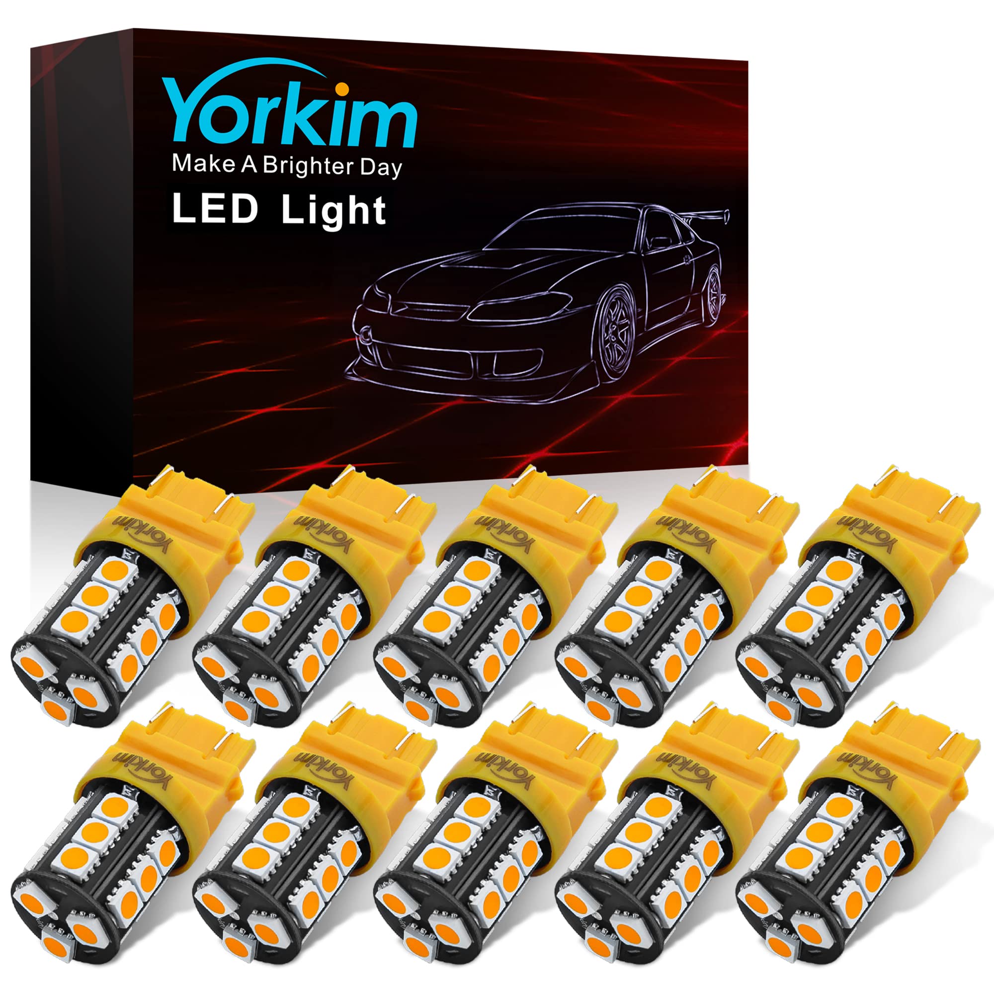 Yorkim 3157 LED Light Bulbs, Amber, Super Bright, Model YK2741, 10 Pack for Brake, Backup, Reverse Lights