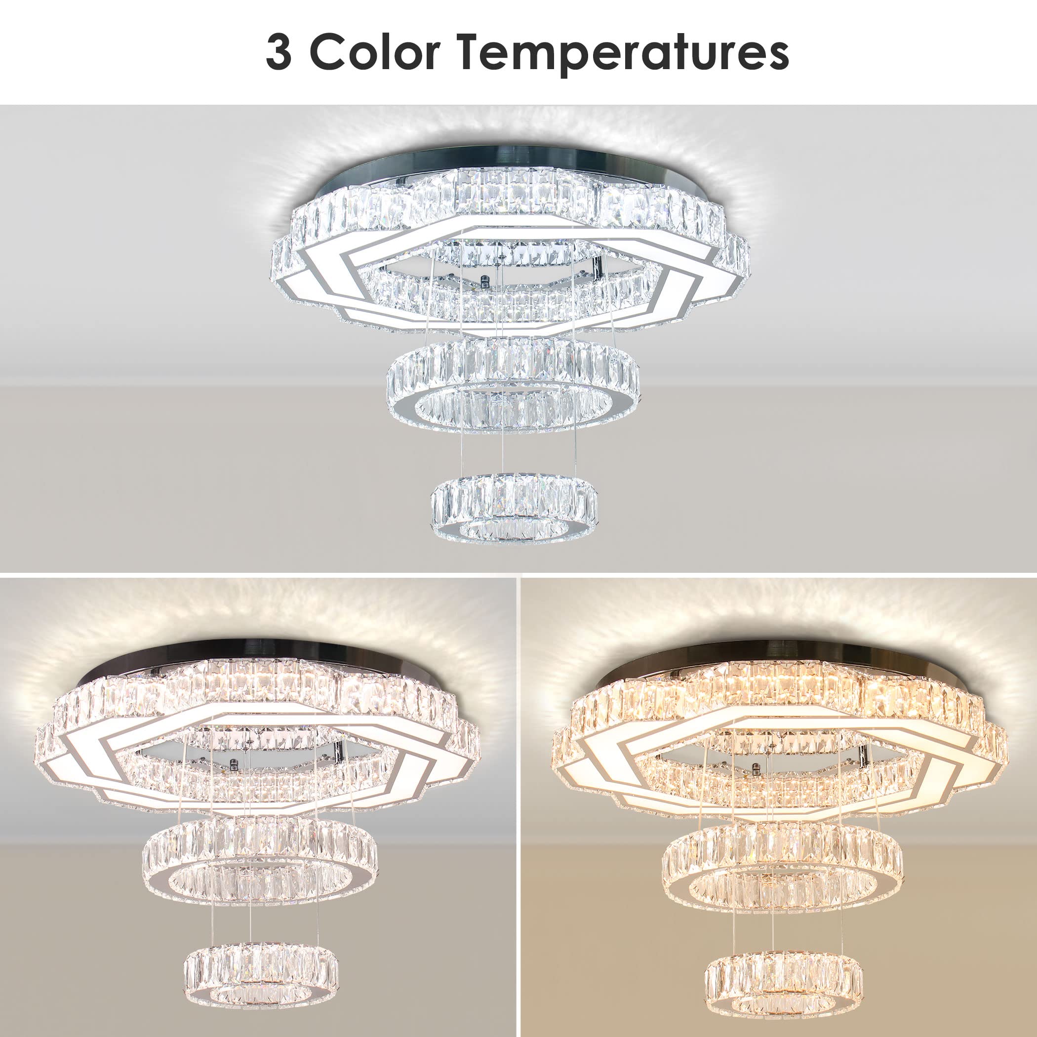 xychfantligh Modern Crystal Chandelier 22.5" 3 Color Change Pendant Light for Living Room, Bedroom, Dining Room, Entryway