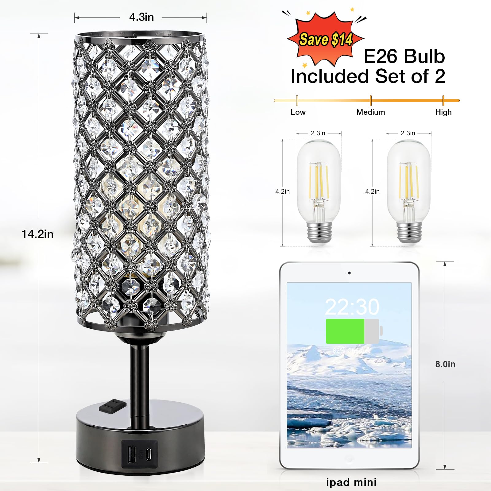 Hong-In Crystal Table Lamp Touch Control Set Of 2, 3-Way Black Crystal Lamps With Usb C+A Ports & Ac Outlet, Dimmable Nightstand