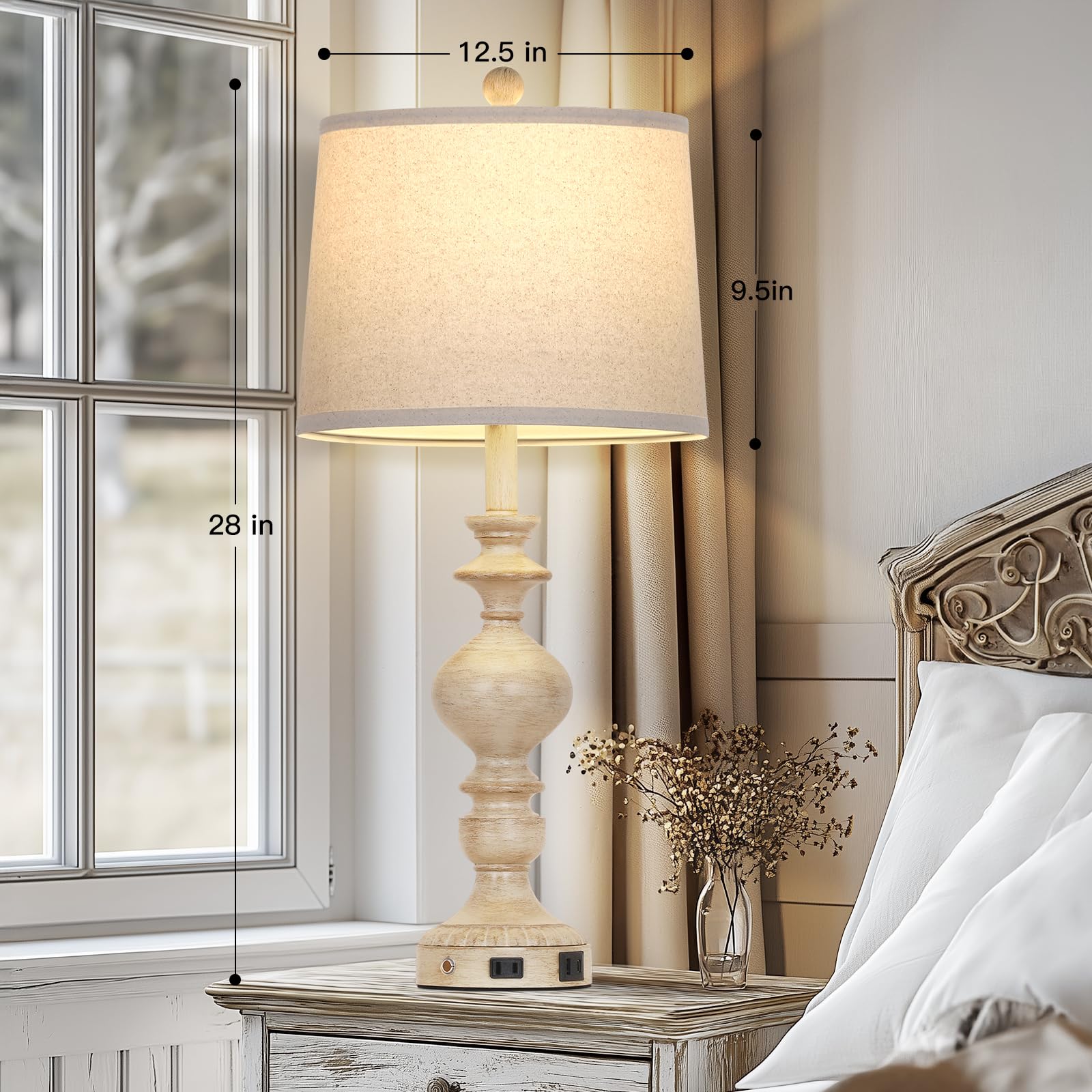 28'' Farmhouse Table Lamps Set Of 2, Rustic Lamp For Living Room With Usb C+A Ports & Ac Outlet, 3 Way Touch Control Resin Bedsi