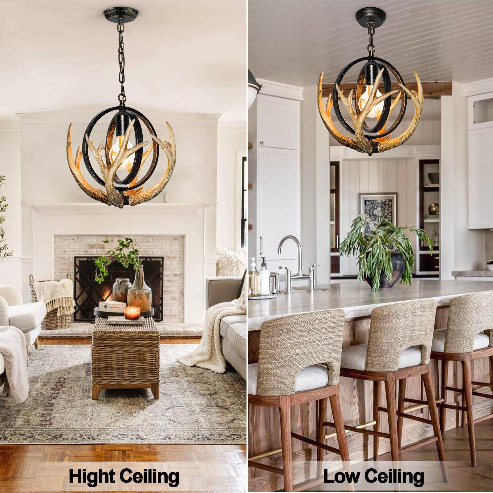 Debemenes Rustic Antler Chandelier, 14" Farmhouse Chandelier With Resin 4 Antlers And Retro Metal Globe Chandelier Vintage Style For Dining Room, Kitchen, Hallway, Pendant Lights