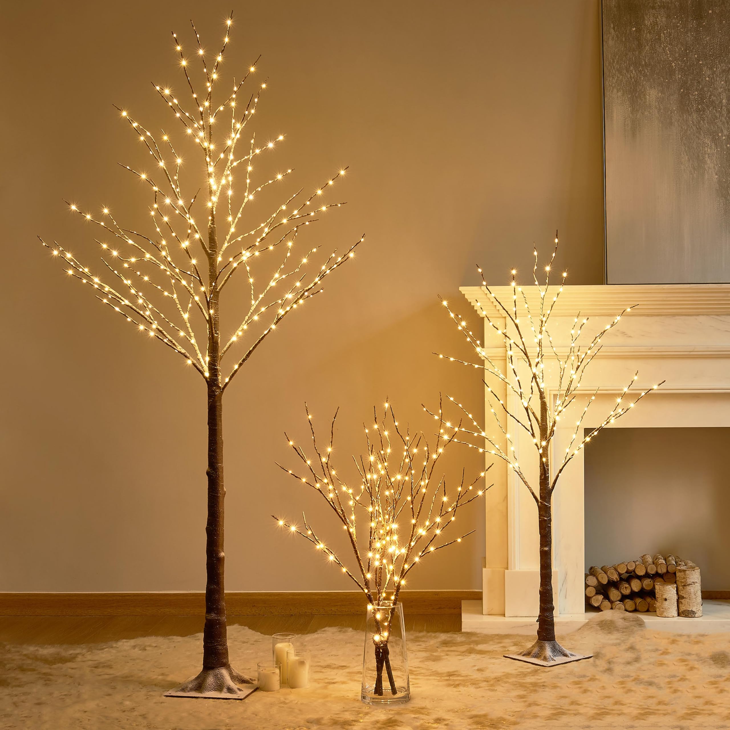 Hairui Lighted Willow Branches Snow Dusted Battery Operated With Timer, Tree Branch Lights 32In 100 Led Fairy Lights For Home Bedroom Fireplace Thanksgiving Christmas Decor (Vase Excluded)