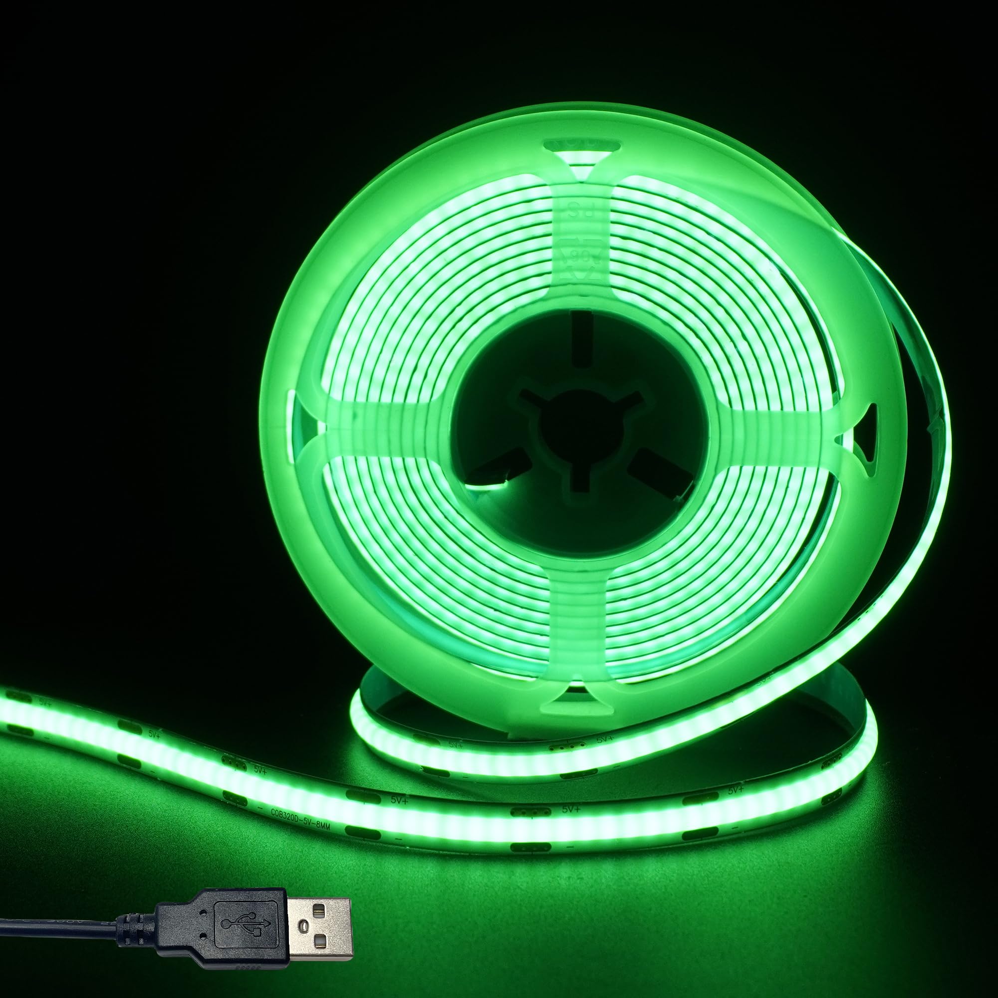 Clearhill 5V 8mm Width USB COB LED Band Lights Green 320LEDs/M 8W/M CRI90 6.56FT/2M Electroplated Double-Sided Panel Light Band Waterproof IP20 Flexible Band for Indoor Decoration