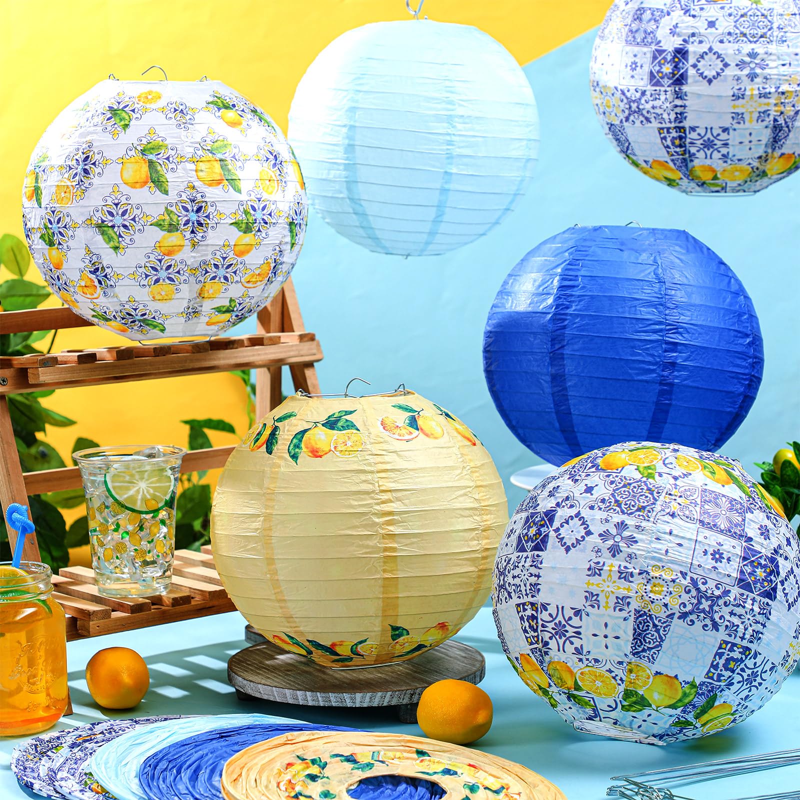 Retisee 12 Pcs 10'' Capri Lemon Pattern Paper Lantern Party Supplies For Bridal Shower Wedding Amalfi Coast Blue Yellow Tiles Me