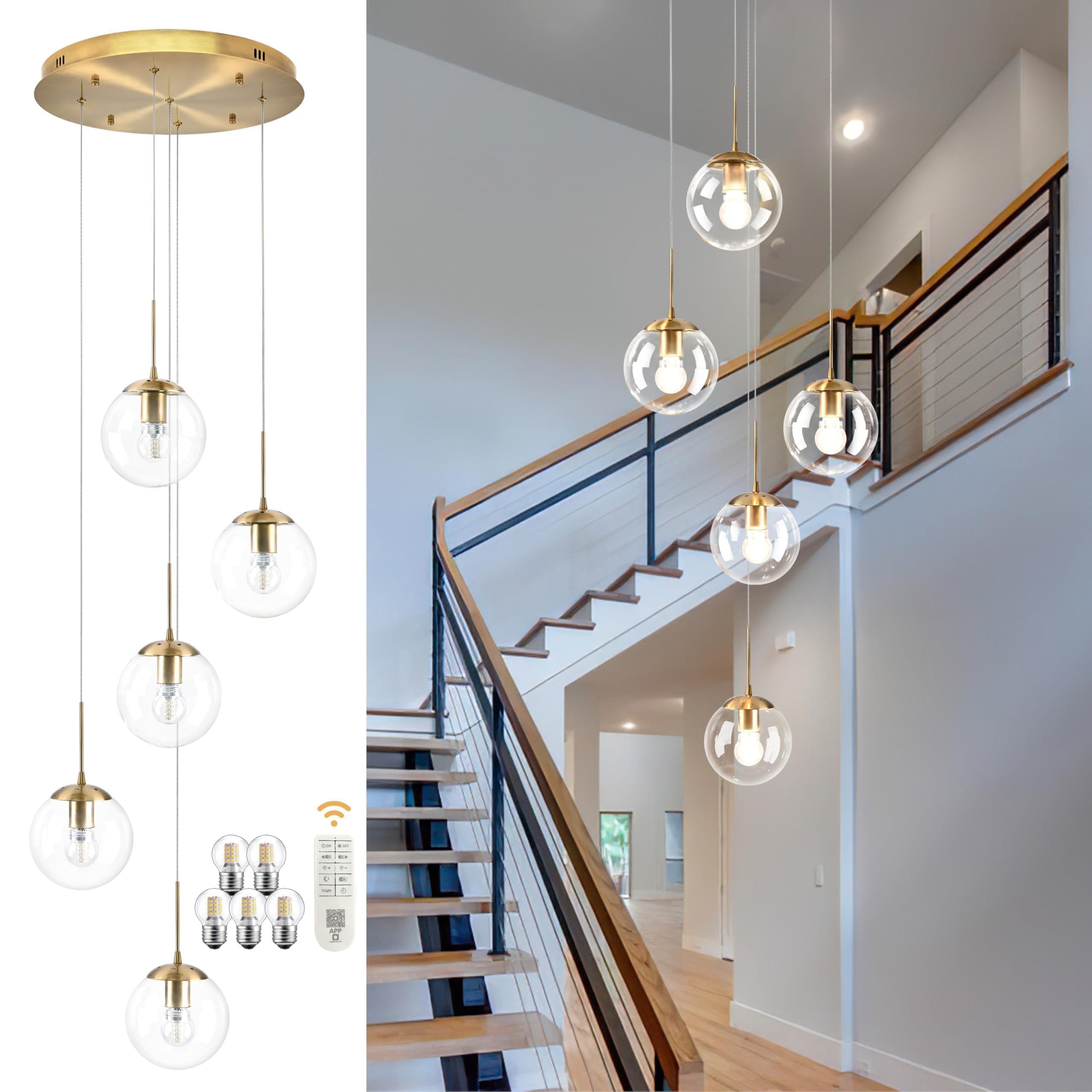 Koko&Yukina 5-Light Globe Glass Pendant Light Adjustable Length Pendant Lights Modern Gold Clear Globe Glass Chandelier High Cei