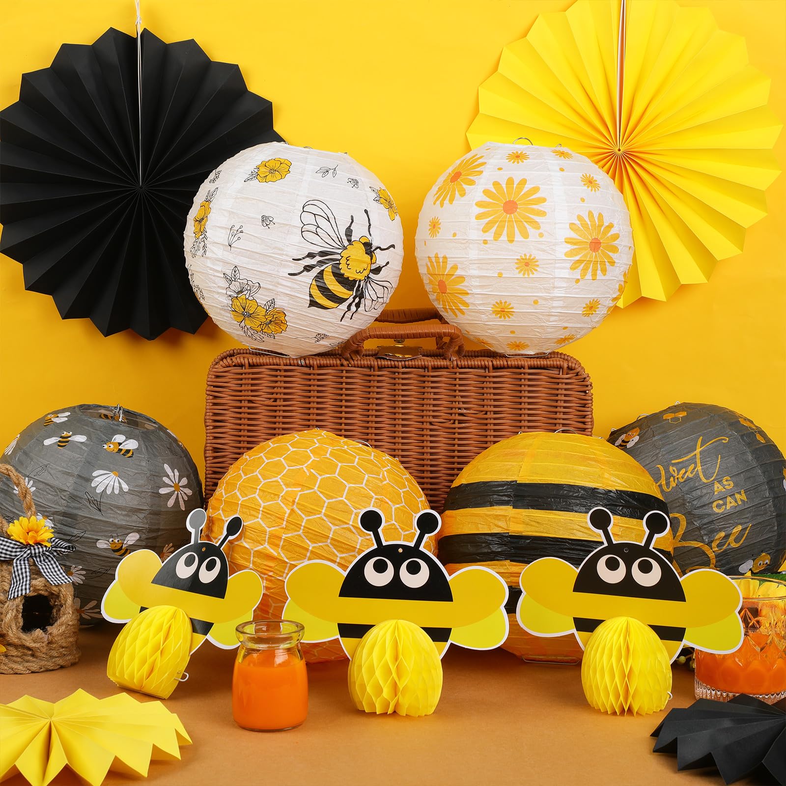 Retisee 18 Pcs Bee Party Decorations Kit Yellow Paper Lanterns Bee Honeycomb Ball Yellow White Paper Fans Decoration Bee Hanging