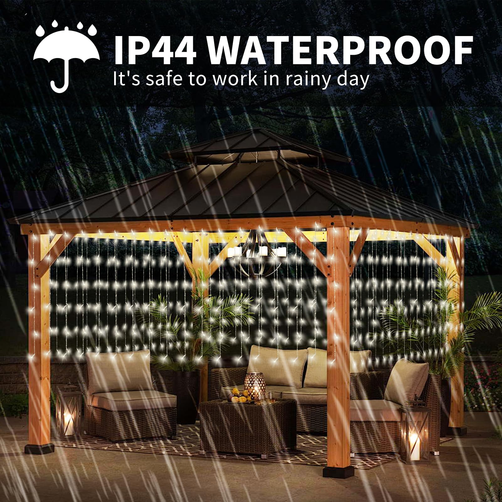 32.8 * 3.28FT Large Size Solar Curtain Lights Outdoor, 8 Modes Outdoor Solar String Icicle Lights, Solar Garden Christmas Lights