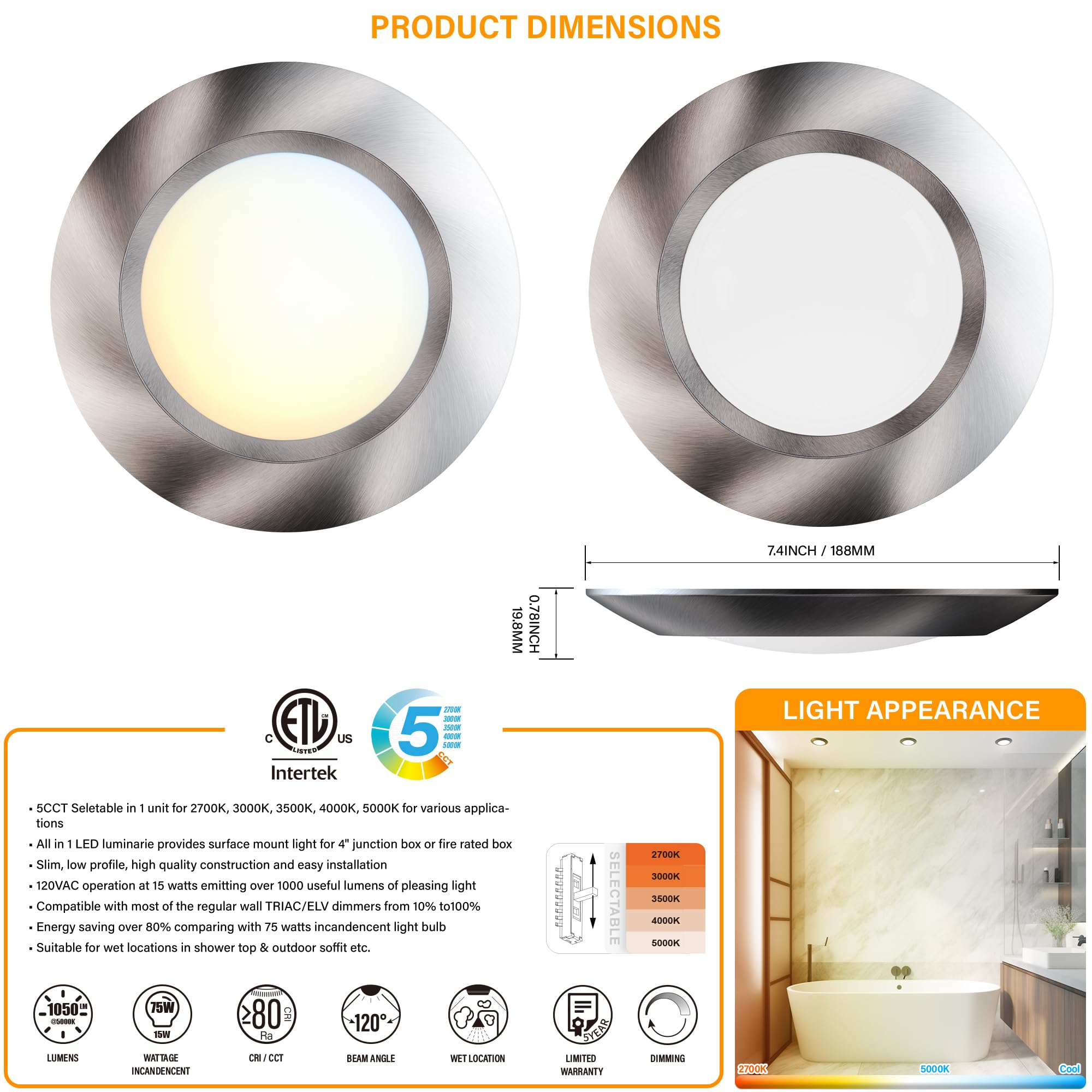 Jullison 8 Packs 6 Inch Led Low Profile Screw In & Surface Mount Disk Light, Brushed Nickel, 5Cct Field Selectable, Round, 15W,