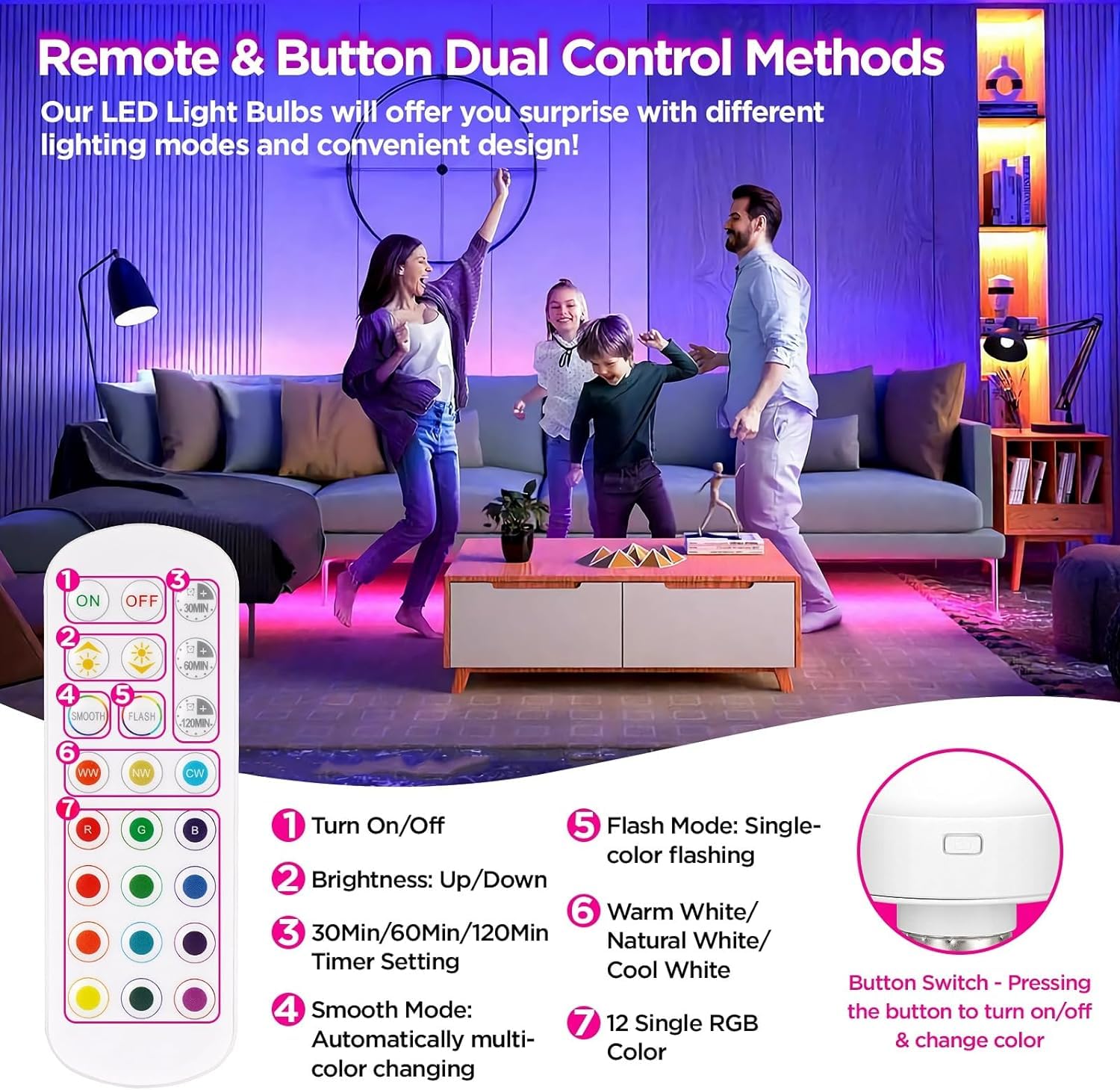 Yochoice Rechargeable LED Bulb 4-Pack, 350LM Dimmable, 12 RGB Colors, Remote Control, Detachable, Model T069-2