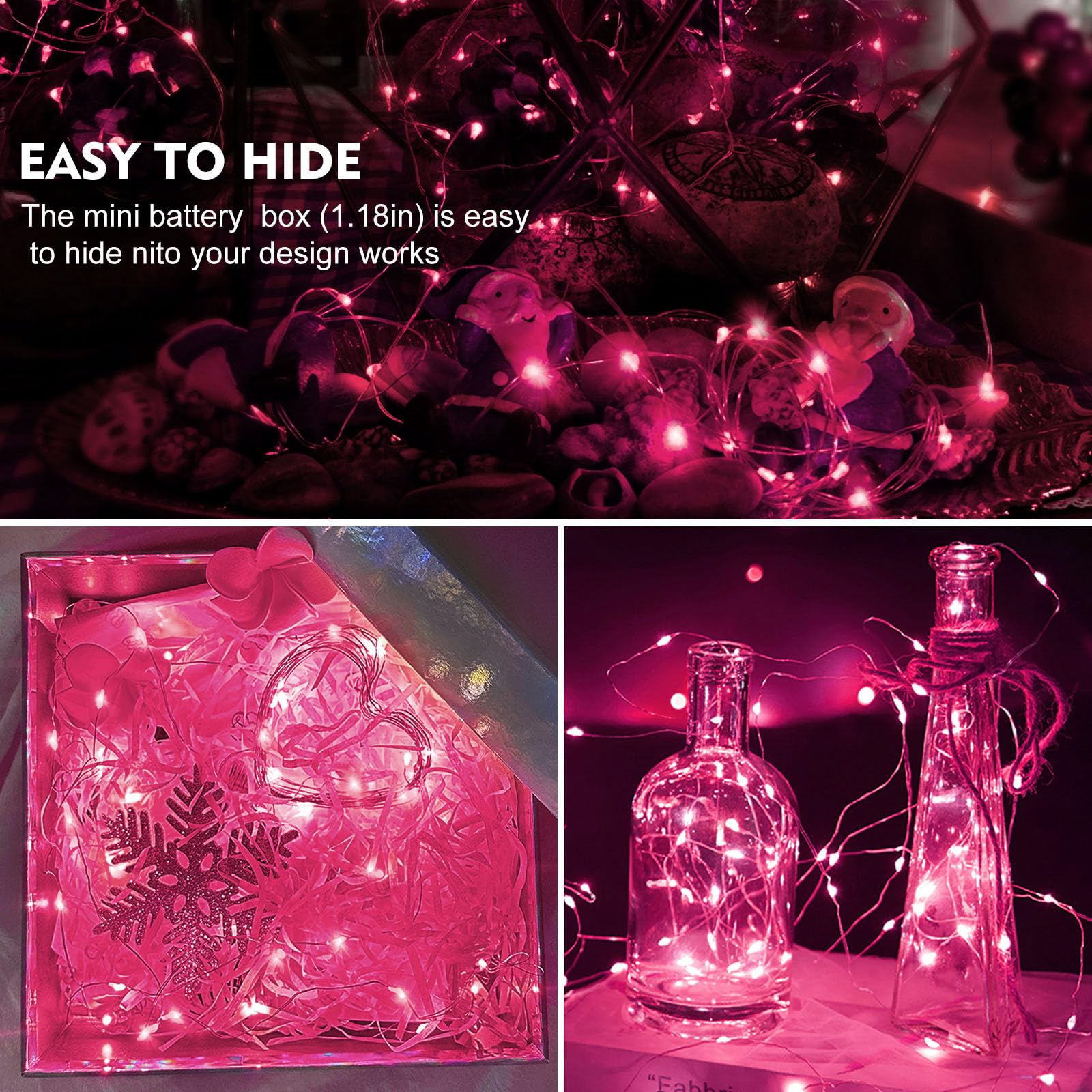 Aikei 12 Pack Led Fairy Lights Battery Operated, Valentines Day Decor String Lights Waterproof 7 Feet 20 Led Firefly Starry Lights For Wedding Party Bedroom Garden Christmas Decoration Pink