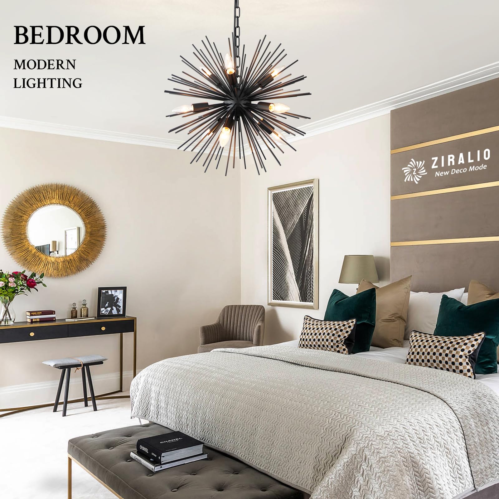 ZIRALIO Black Sputnik Chandelier 9-Lights 20in Vintage Solid Metal Fixture Y2239BL for Dining Room, Kitchen, Bedroom, Living Room