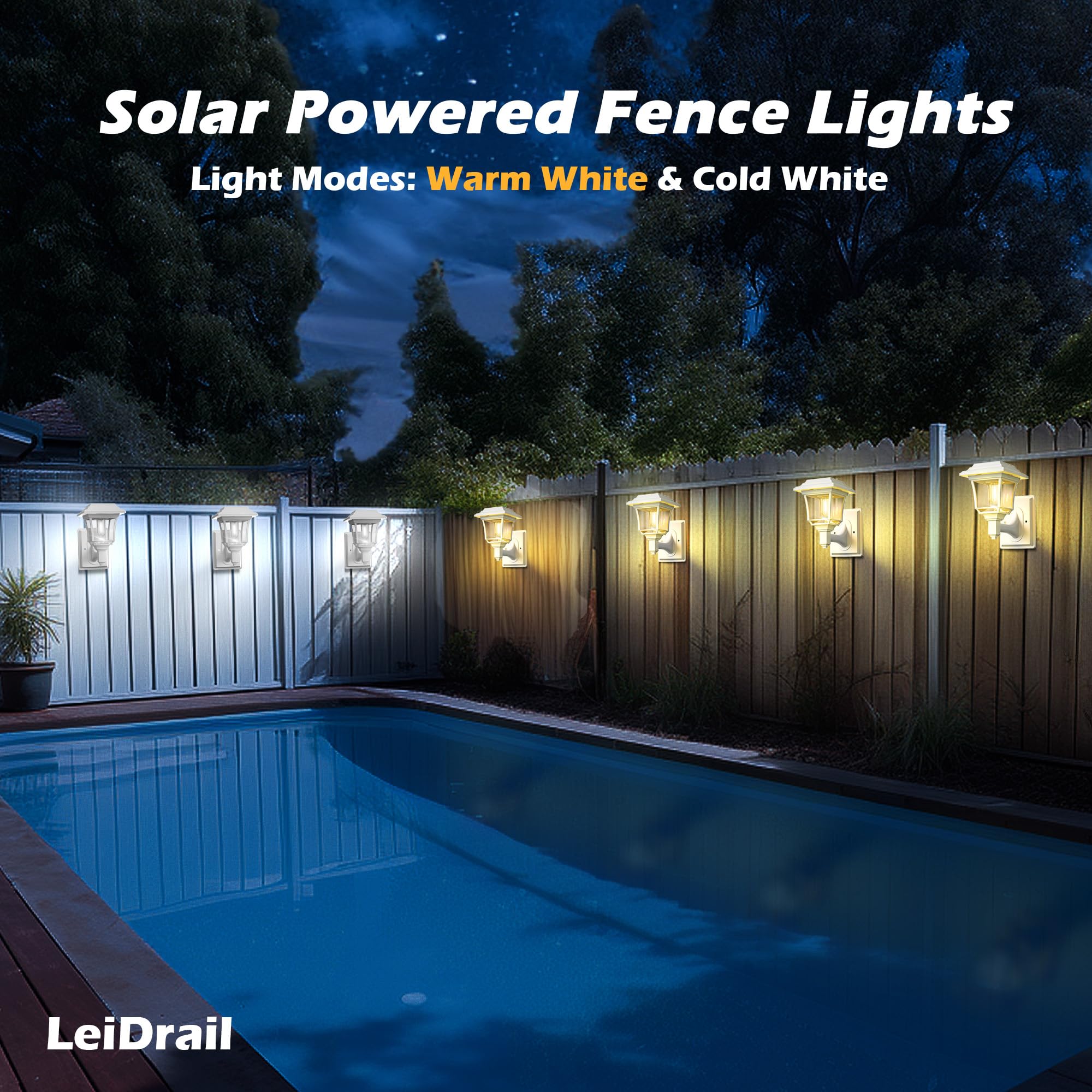 LeiDrail Solar Wall Lights, Waterproof LED 15 LM, 2 Modes, 8 Pack, White, Model LD031W-8PK
