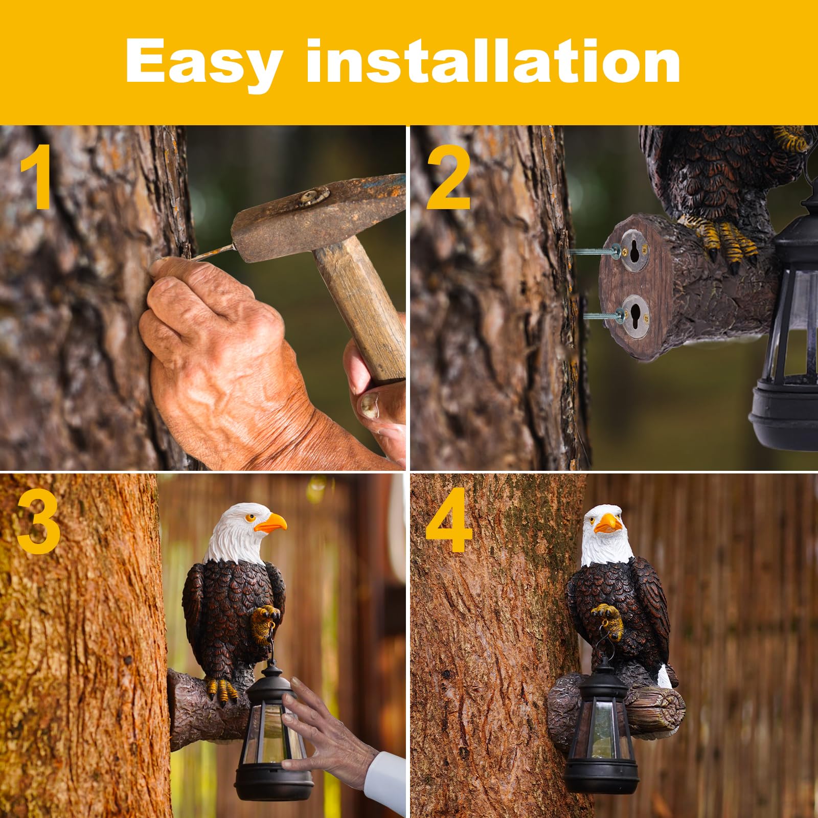 Fashionoda Eagle Tree Hugger Resin Statue with Solar Lantern - Outdoor Garden Decor - Dark Black - Model LD602497
