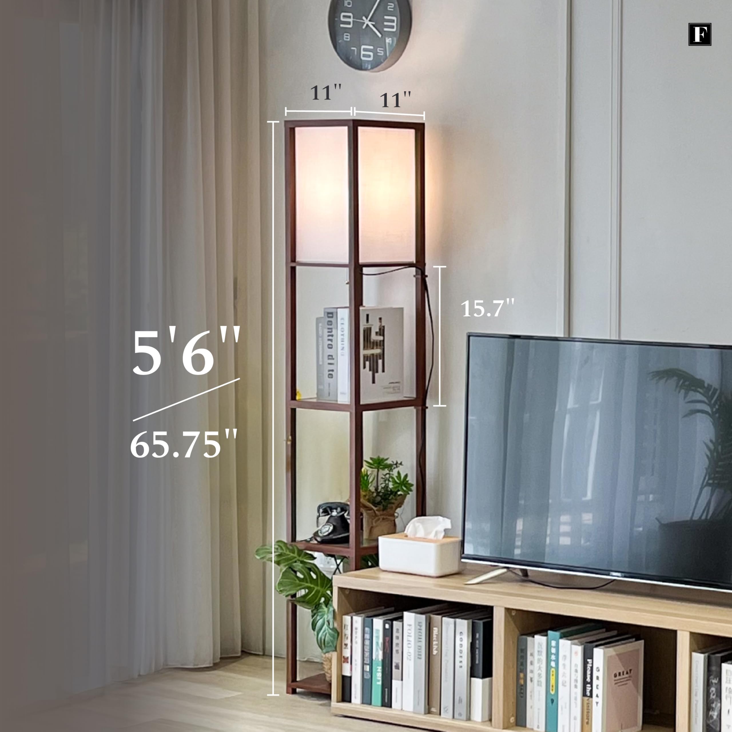 FENLO Floor Lamp with Shelves, Modern Minimalist Design, Tempered Glass Tiers, Walnut Color, Model FEN-111-FL-WA