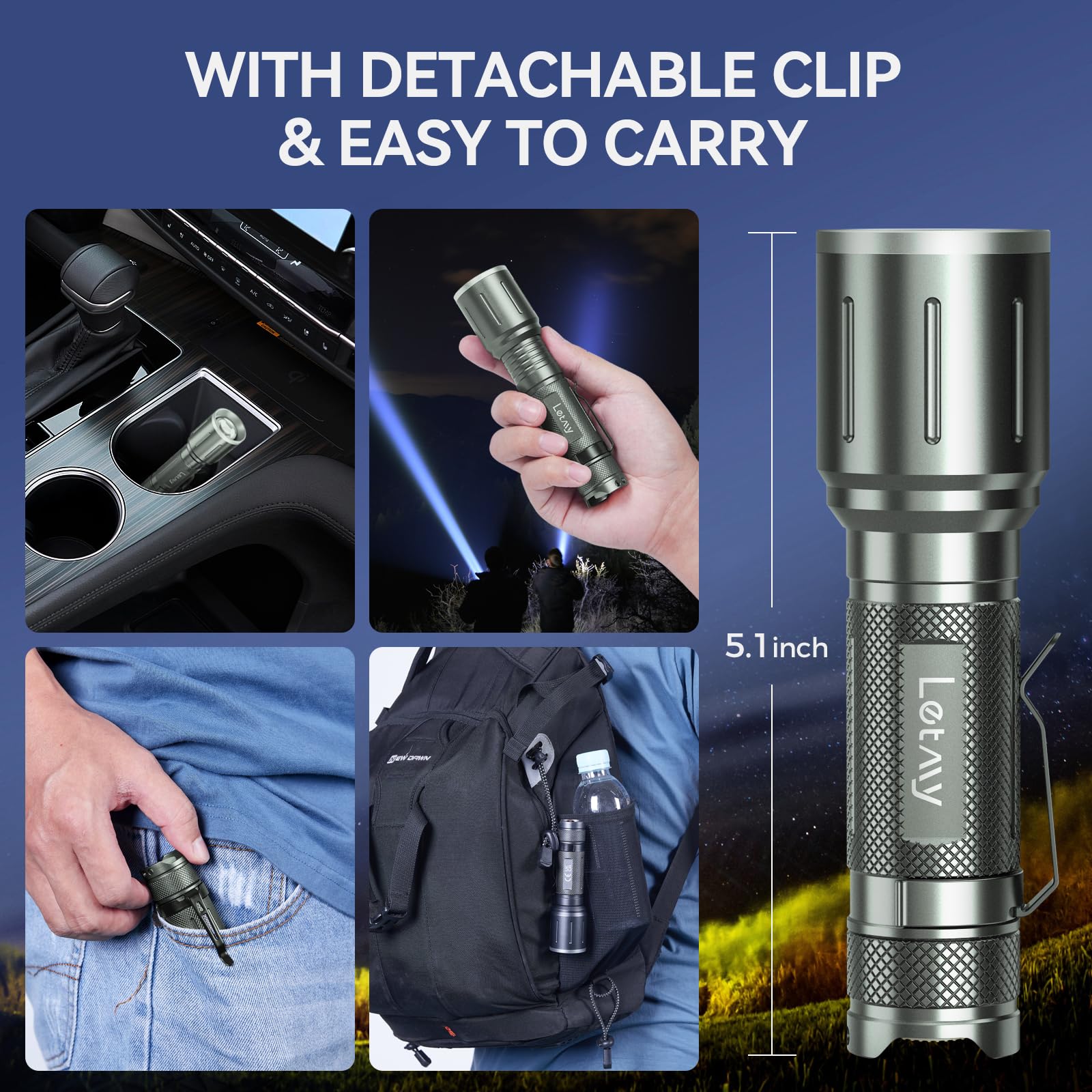 LETMY LED Flashlight 2 Pack - Super Bright, Zoomable, 5 Modes, Waterproof, Aluminum, Battery Powered-Grey, Model L2