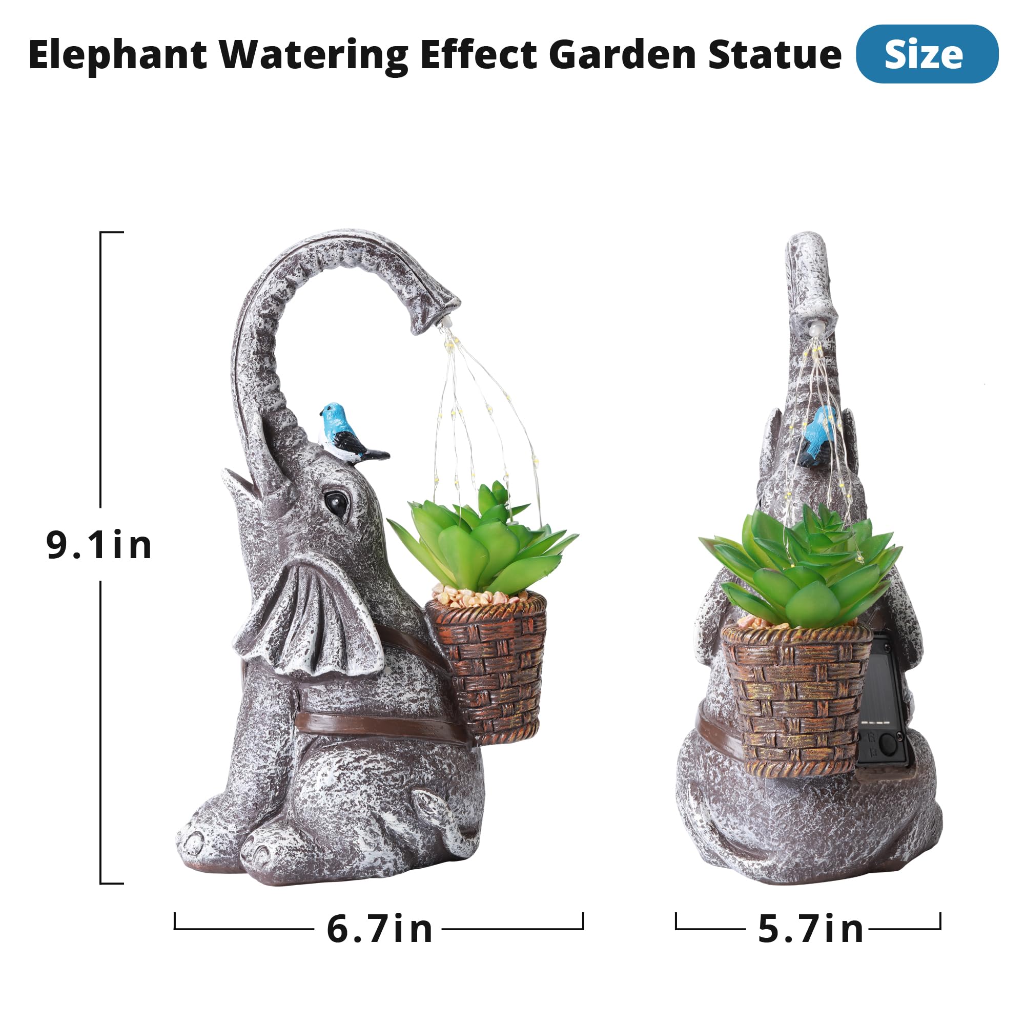 Fhwty Solar Elephant Watering Effect Led Lights Garden Statue, Outdoor Garden Decor For Lawn, Balcony, Yard, Gifts For Mom, Gran
